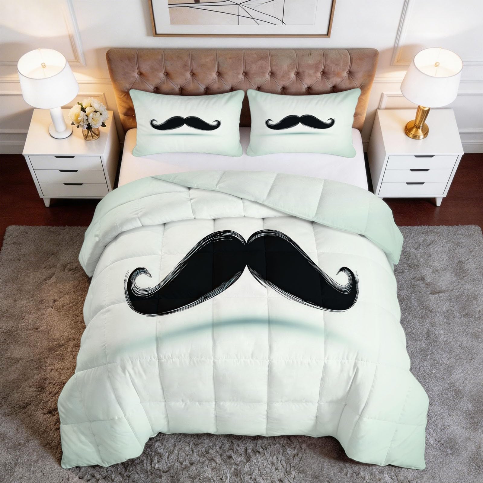 Piumone Invernale 140 x 200 cm Disegno Per Bambini Motivo A Baffi Trapunta in Ecopiuma 400 gr/mq, Caldo ed Elegante – Biancheria da Letto Anallergica e Traspirante – Set 3 Pezzi, Verde Pallido