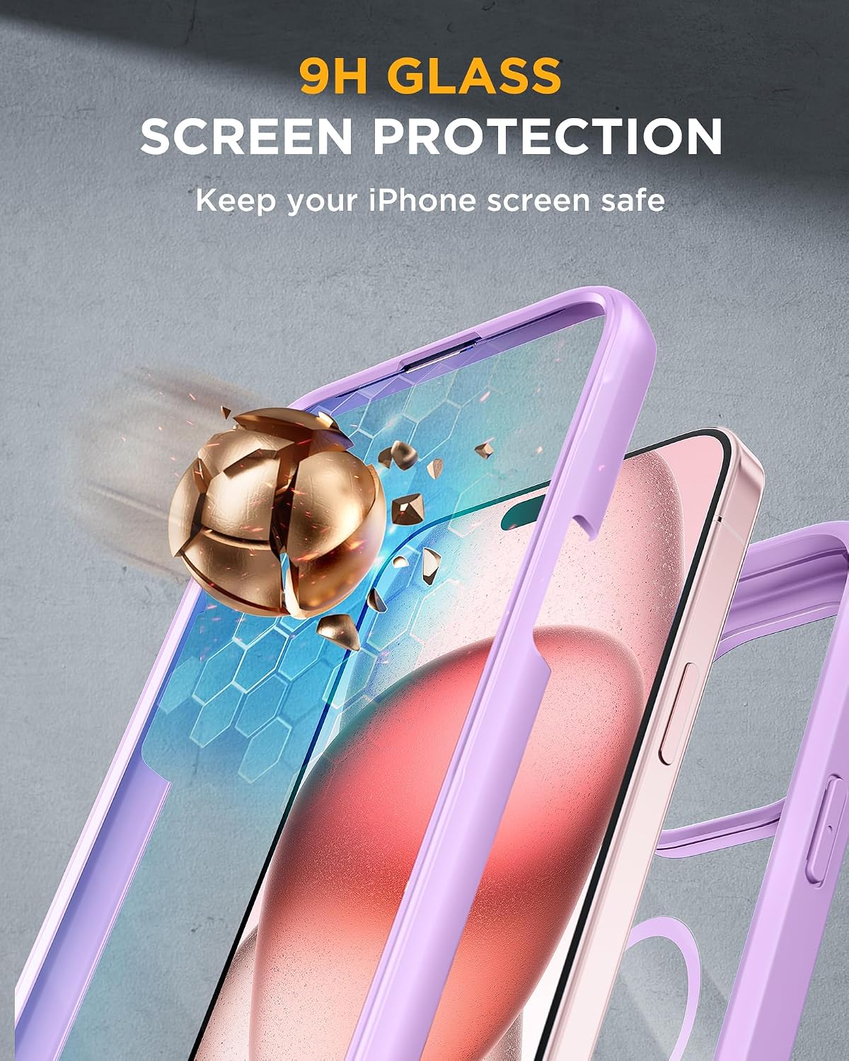 Miracase Glass Series for iPhone 15 Case [Compatible with MagSafe] Full-Body Magnetic Bumper Case with Built-in 9H Tempered Glass Screen Protector + Camera Lens Protector, Light Purple thumbnail