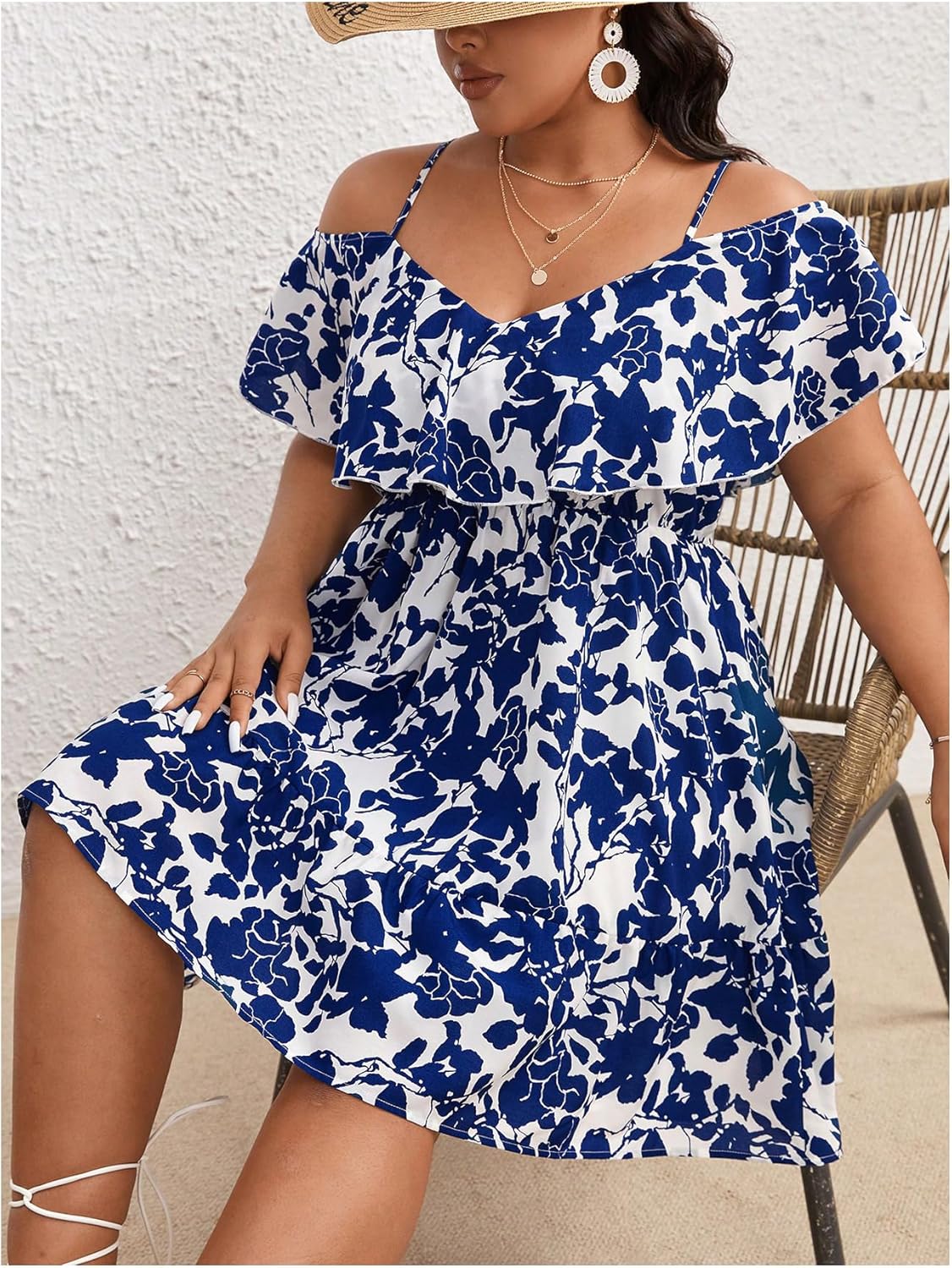 Floerns Women's Plus Size Floral Cold Shoulder Flounce Sleeve A Line Short Dress - Image 4