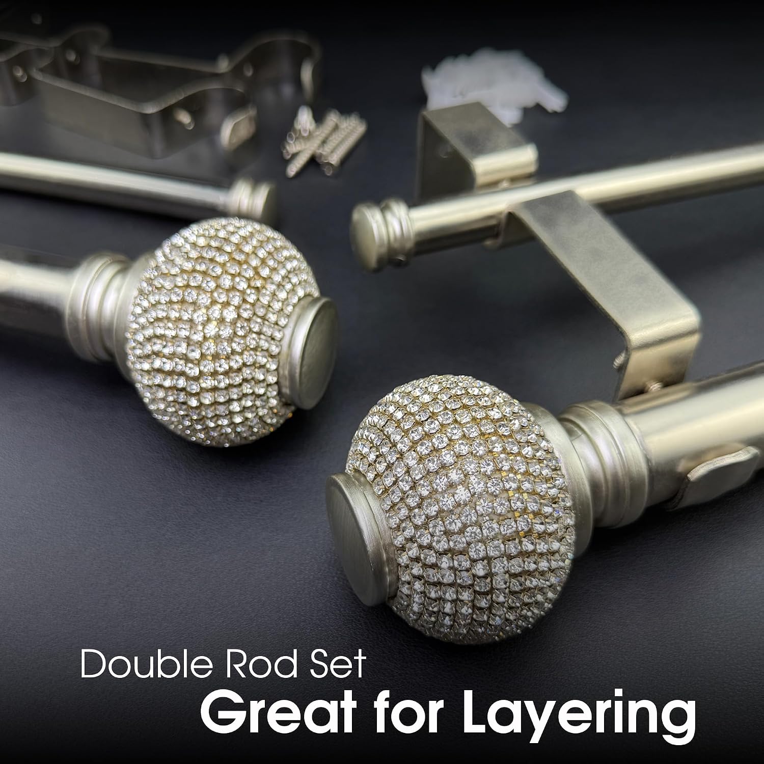 1-1/8 Inch Diameter Brushed Silver Curtain Rod with Rhinestone Finials, 36-72'' Telescoping Double Curtain Rods for window width 24-68 inch, 1 pack