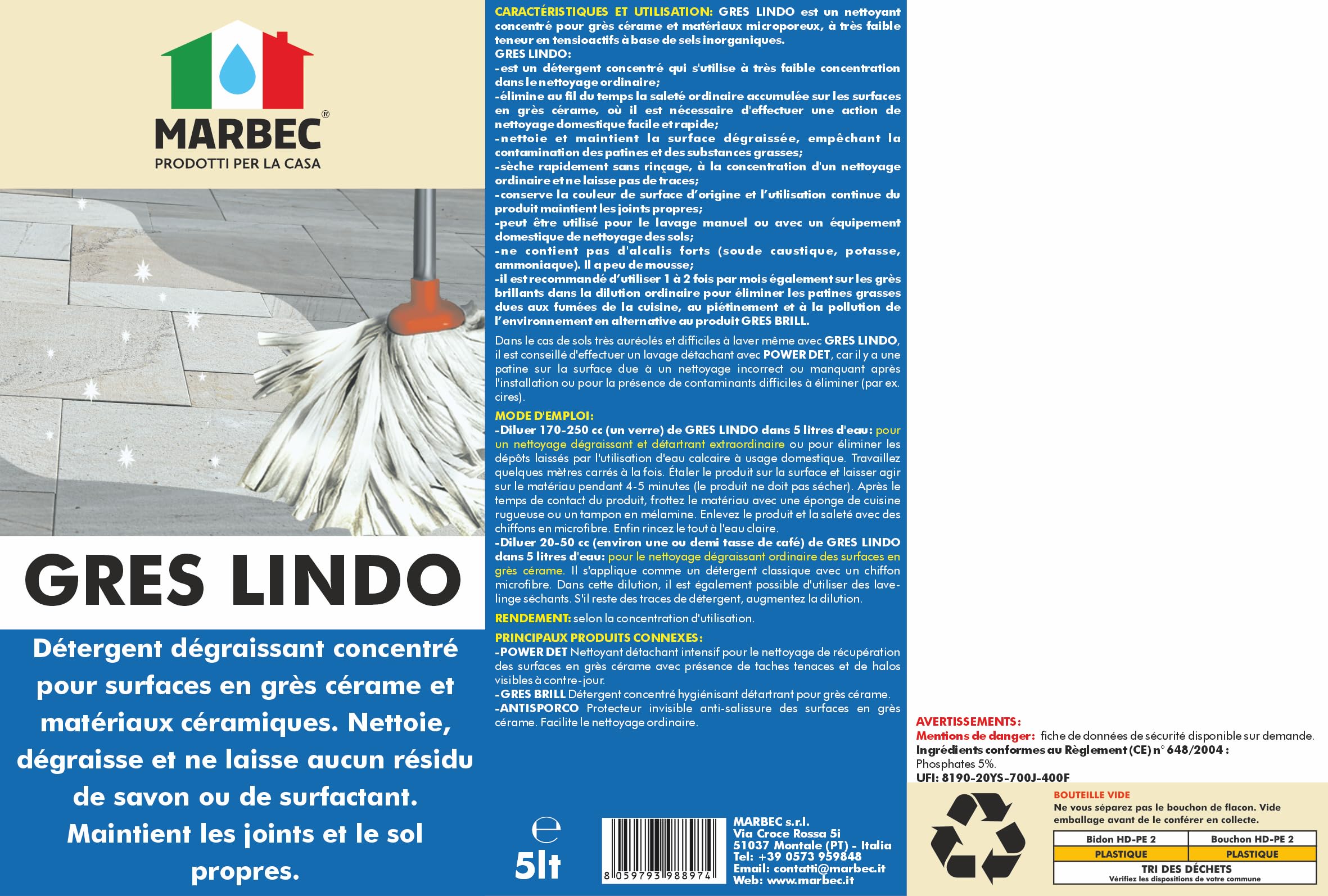 MARBEC GRES LINDO 5LT Nettoyant pour sols en grès cérame nettoie, dégraisse sans résidus. Maintient les sols et les joints propres. Idéal pour un usage quotidien.