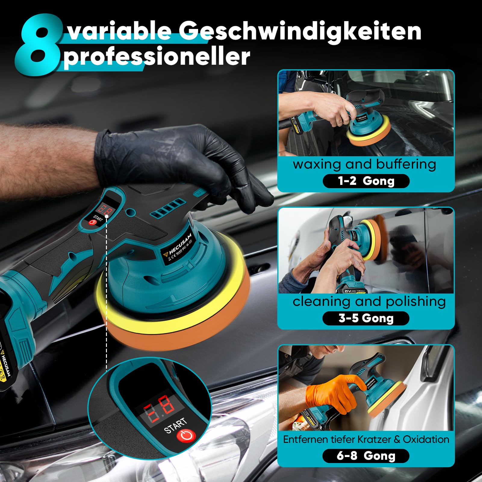 Pulidora Coche Inalambrica, 8 Velocidades Variables Pulidora Orbital con Pantalla LCD 2x2,0 Ah Batería, Base de 150mm, 26 Accesorios para Pulir y Encerar Coches, Muebles