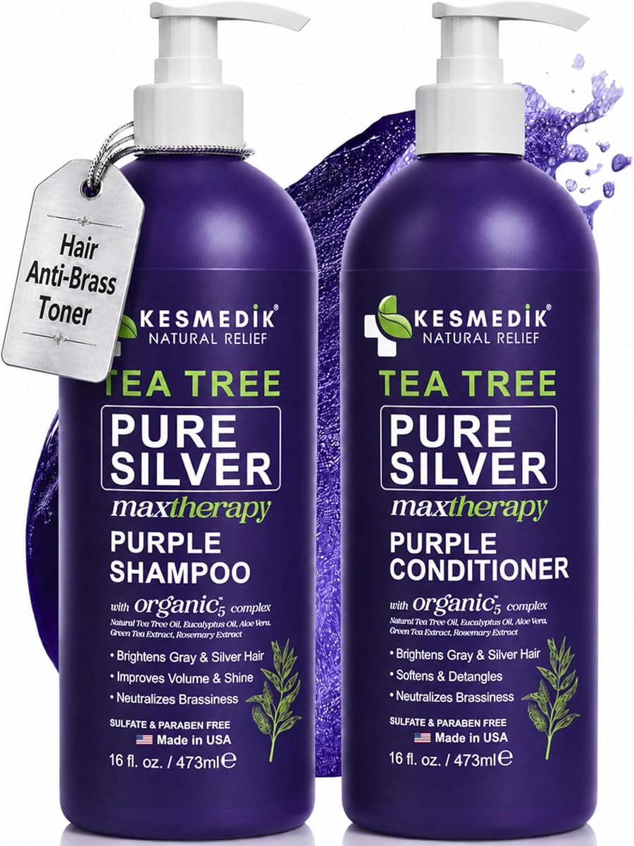 Tea Tree Purple Shampoo and Conditioner Set for Blonde, Silver & Gray Hair, Anti-Brass Toning & Brightening, Refreshes and Hydrates Scalp & Hair, Sulfate-Free Botanical Formula