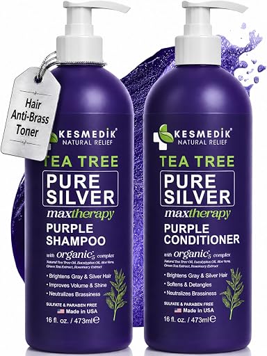 KESMEDIK Tea Tree Purple Shampoo and Conditioner Set for Blonde, Silver & Gray Hair, Anti-Brass Toning & Brightening, Refreshes and Hydrates Scalp & Hair, Sulfate-Free Botanical Formula