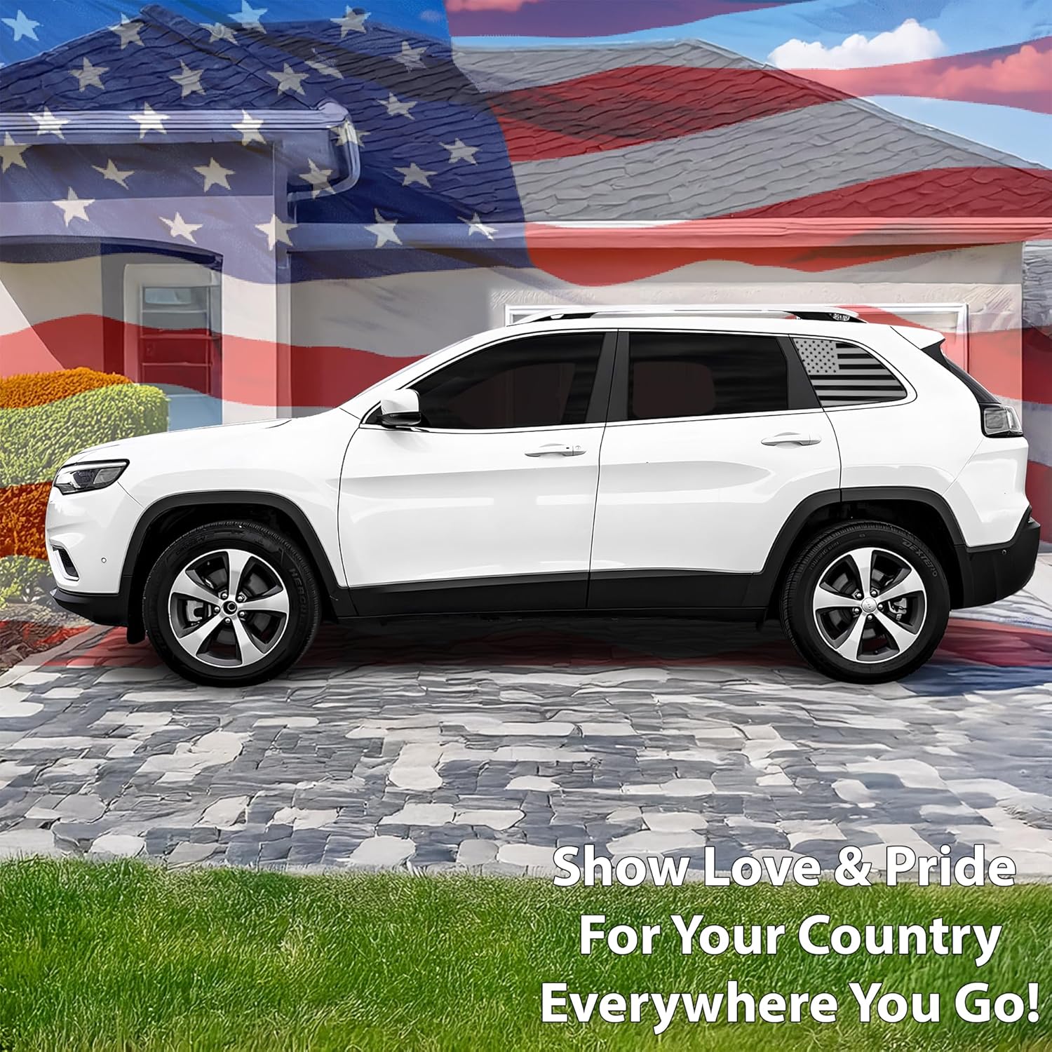 BOGAR TECH DESIGNS American Flag Rear Side Quarter Window Precut Decals Compatible with Jeep Cherokee 2014-2023, Matte Black