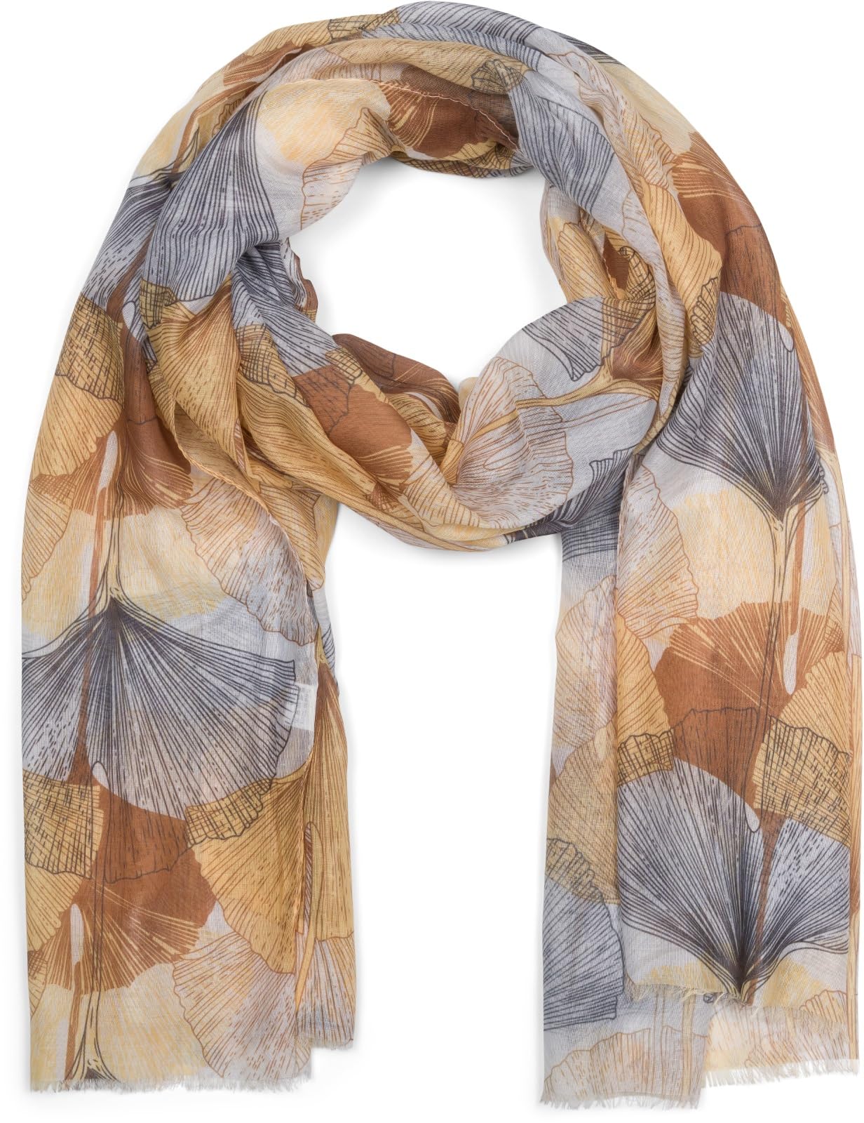 styleBREAKER Damen Schal – Ginkgo Leaves Muster, Gelb-Braun