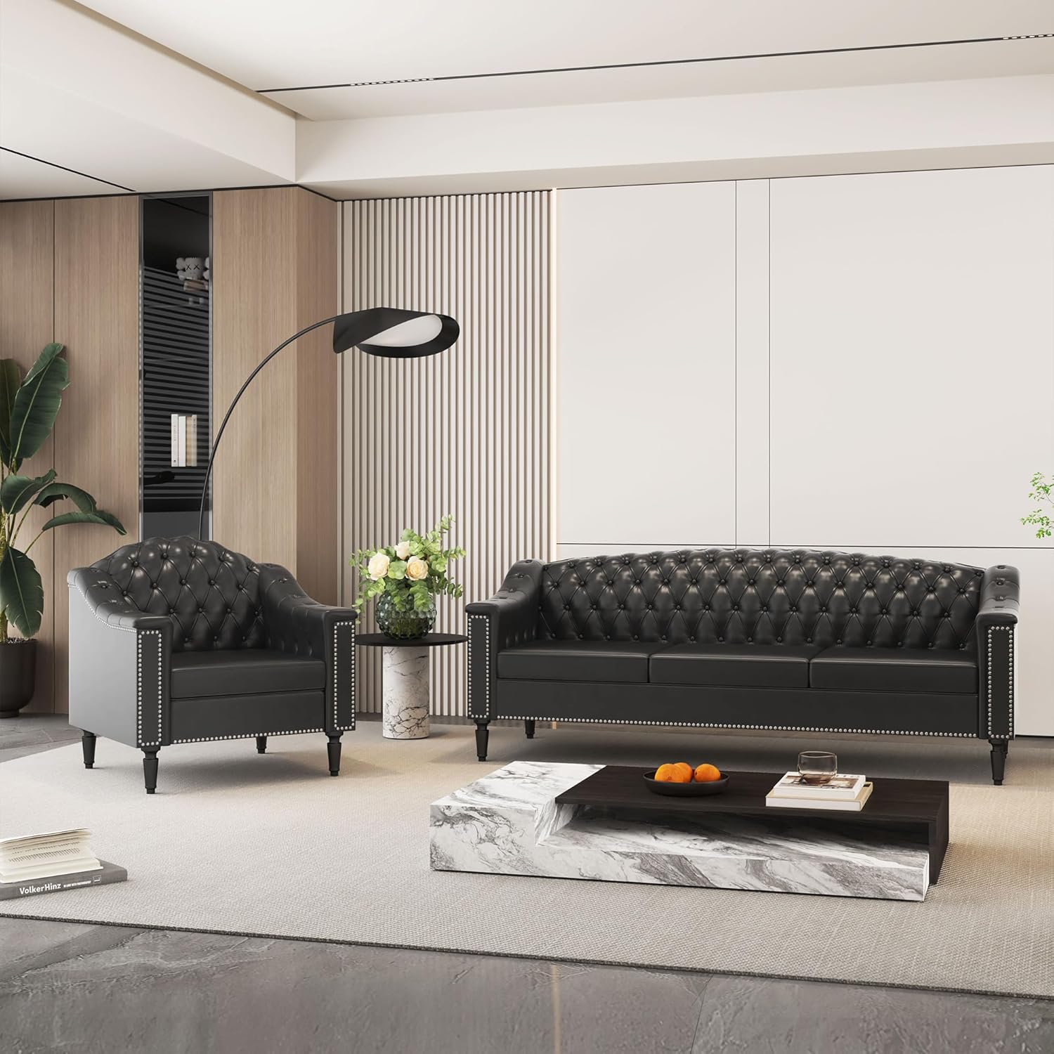 AVZEAR 2-Piece Living Room Sofa Set, Chesterfield Sofa Mid-Century Modern PU Sofa, Upholstered Couch with Nailhead Trim and Button Tufted for Living Room, Office, Bedroom (1+3 Seat Black)