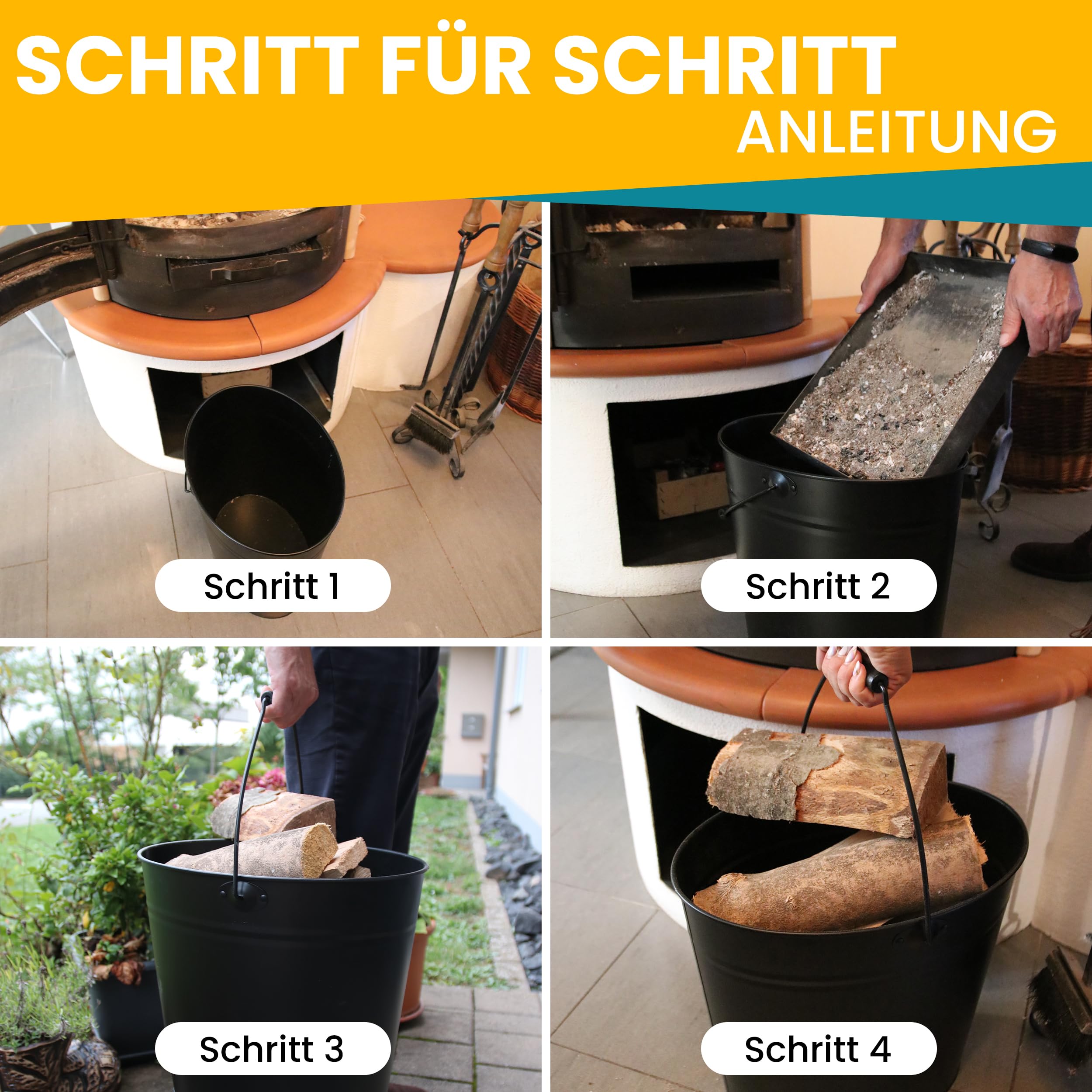 XL Ascheeimer mit Deckel - Kohleeimer 24 Liter aus Stahlblech im Schwarz - Kamineimer mit Deckel - Ascher Allzweckeimer für den Innen- und Außenbereich