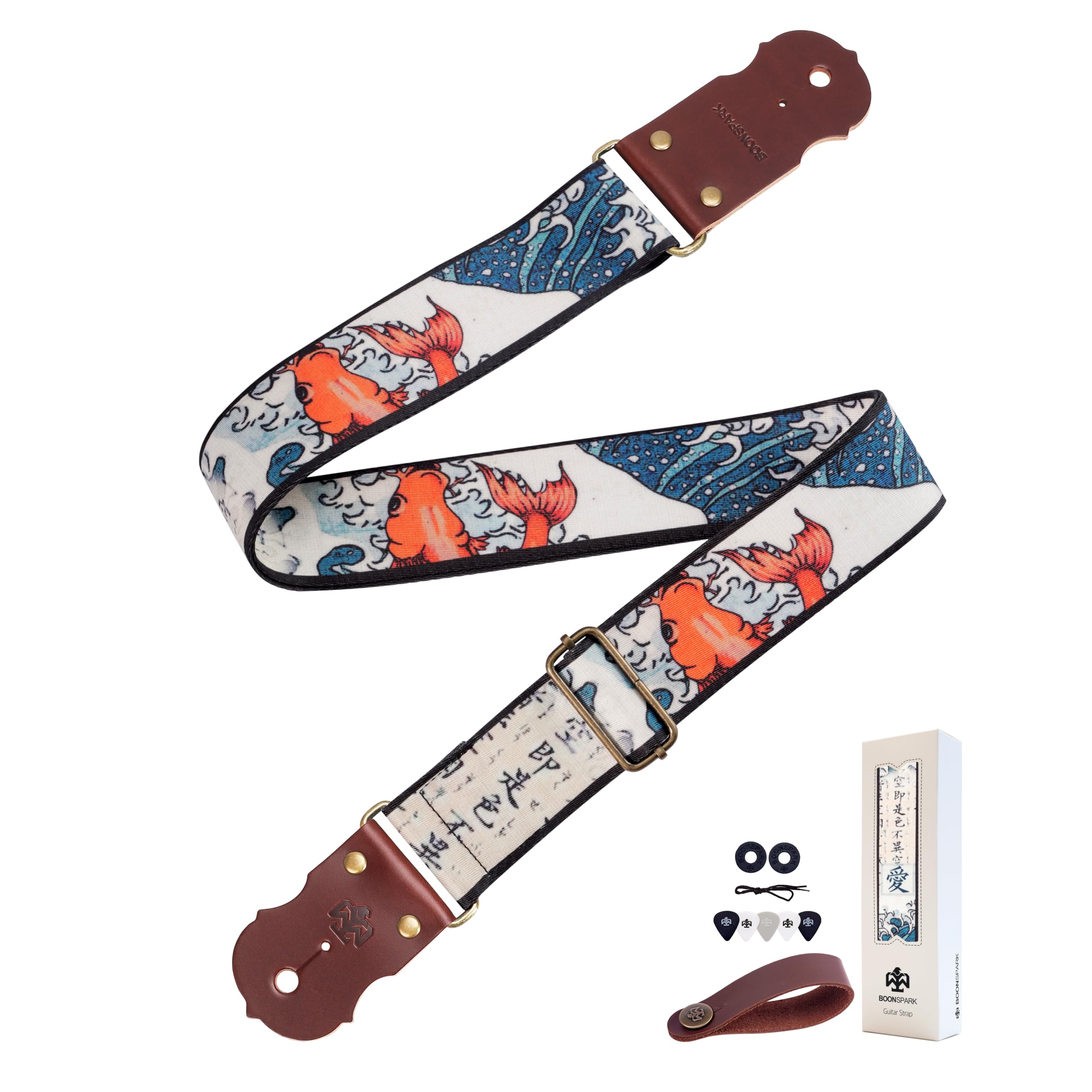 Guitar Strap - 2" Wide Thick Real Cowhide Ends,Safety &amp; Durable Guitar Straps with Soft Embroidery Adjustable Strap,Printed Fish