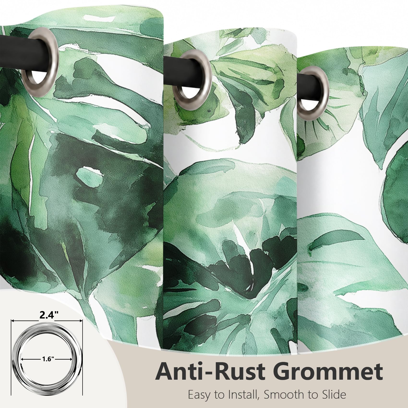 Generisch Grüne Monstera-Blätter Vorhäng Aquarell Pflanzen Gardinen mit Ösen, Thermo Vorhänge Blickdicht Gardinen für Schlafzimmer Wohnzimmer 2er Set, H 137 x B 117 cm