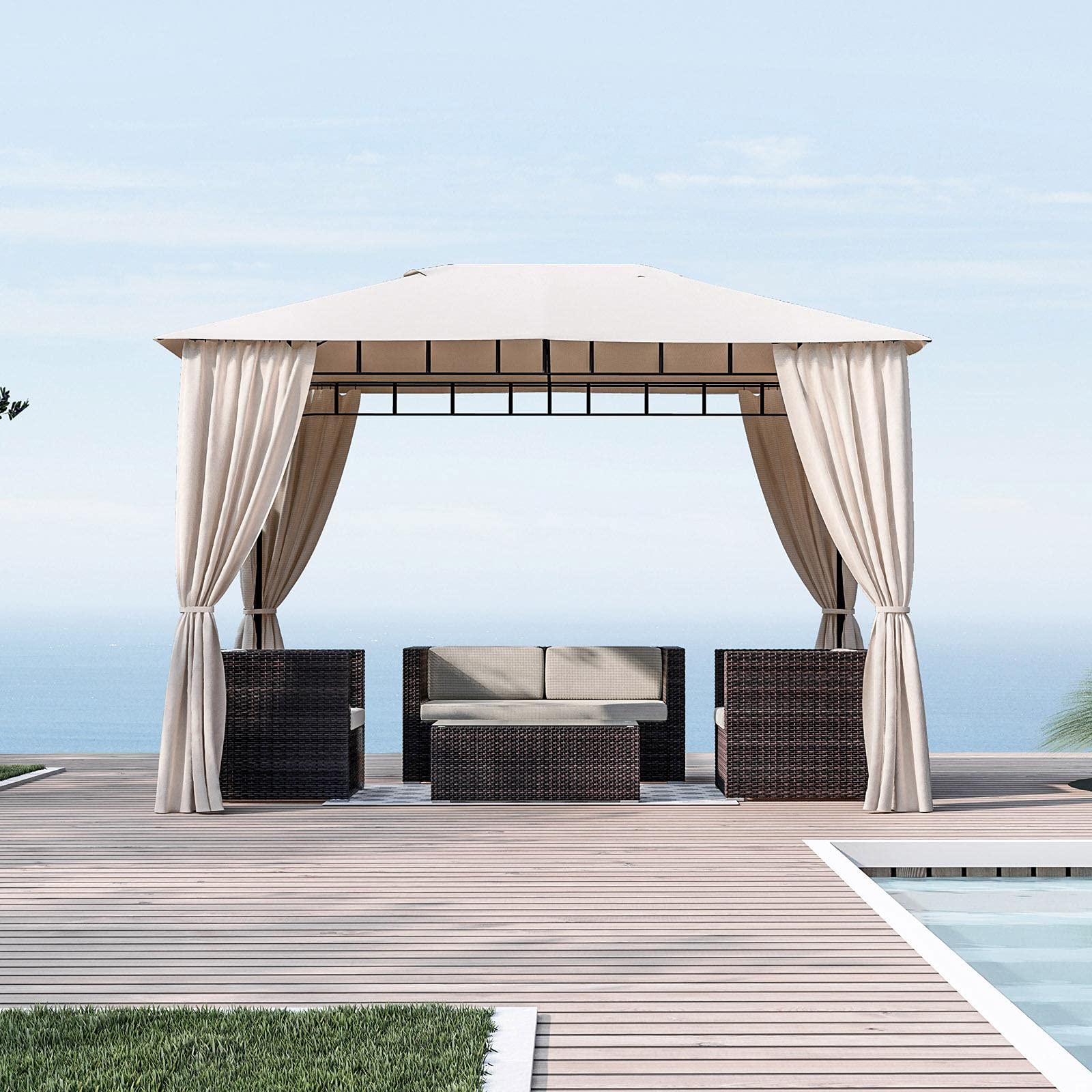 Beusi - tonnelle de jardin 3 x 2 m en fer avec bâche en polyester, 4 rideaux latéraux et 4 moustiquaires avec fermetures éclair et lacets