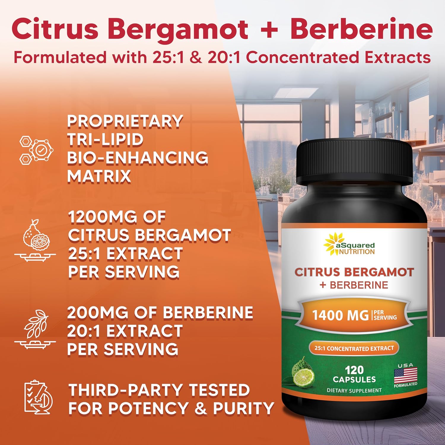 aSquared Nutrition Citrus Bergamot with Berberine Supplement - 1400mg Per Serving Max Strength Complex - 120 Capsules - Supports Cardiovascular Health - Pills Alternative to Gummies & Liquid Drops