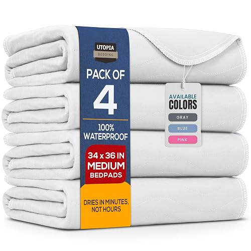Utopia Bedding Washable Underpads 34" x 36" (Pack of 4), Waterproof Reusable Heavy Absorbency Incontinence Bed Pads for Adults, Kids, Elderly and Pets, Bedwetting Pads for Sofa and Couch (White) - 34x36 Inch (Pack of 4) - White