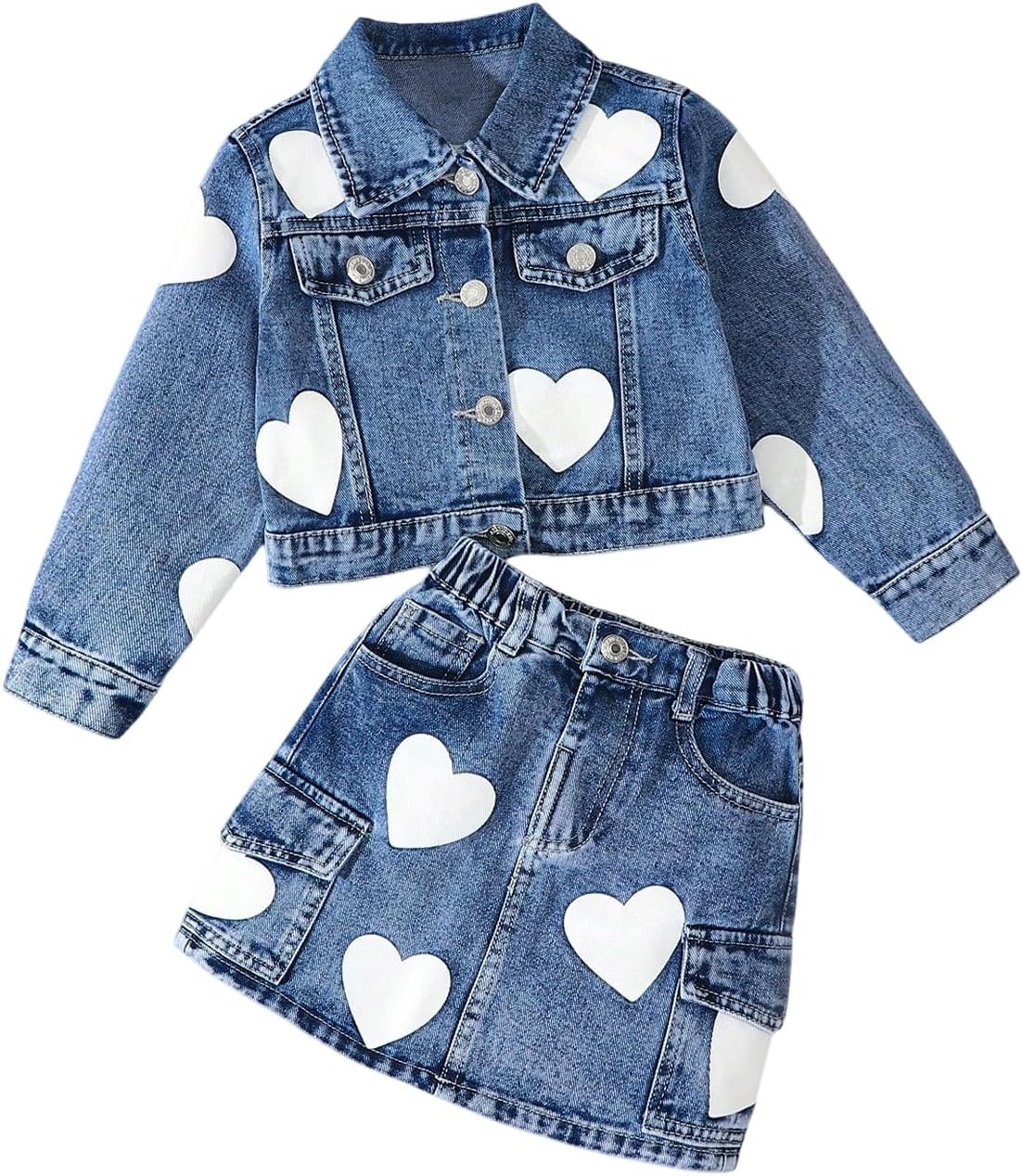 WDIRARA Toddler Girl's Cute 2 Piece Outfits Heart Print Button Down Jacket Cargo Denim Skirt Set