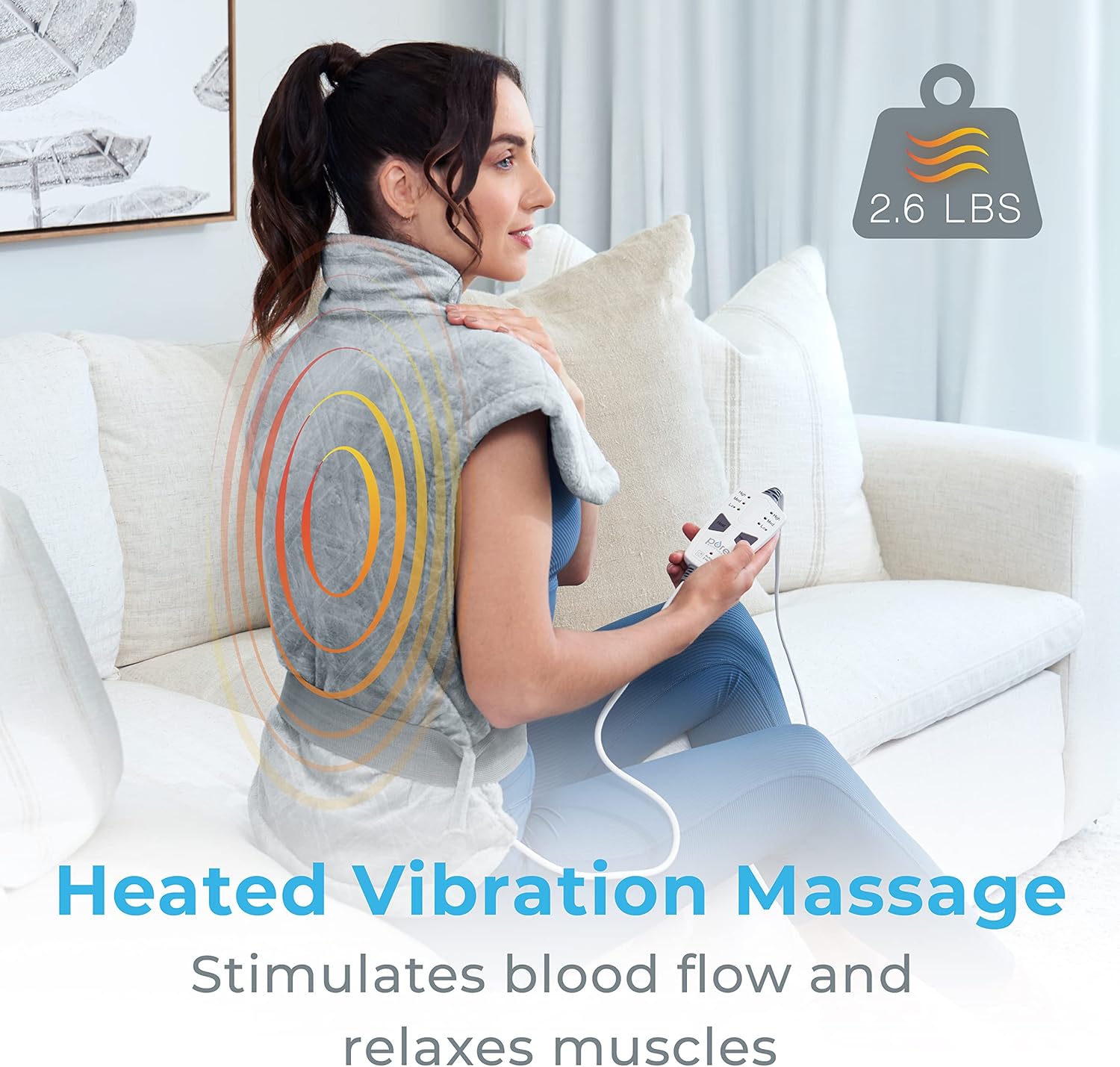 Pure Enrichment WeightedWarmth 3-in-1 Back & Neck Heating Pad - 3 Heat Settings, 3 Massage Speeds & 2.6 lbs of Weighted Pressure - 32” x 24” w/Plush Fabric & Dry/Moist Heat for Back Pain (Steel Gray)