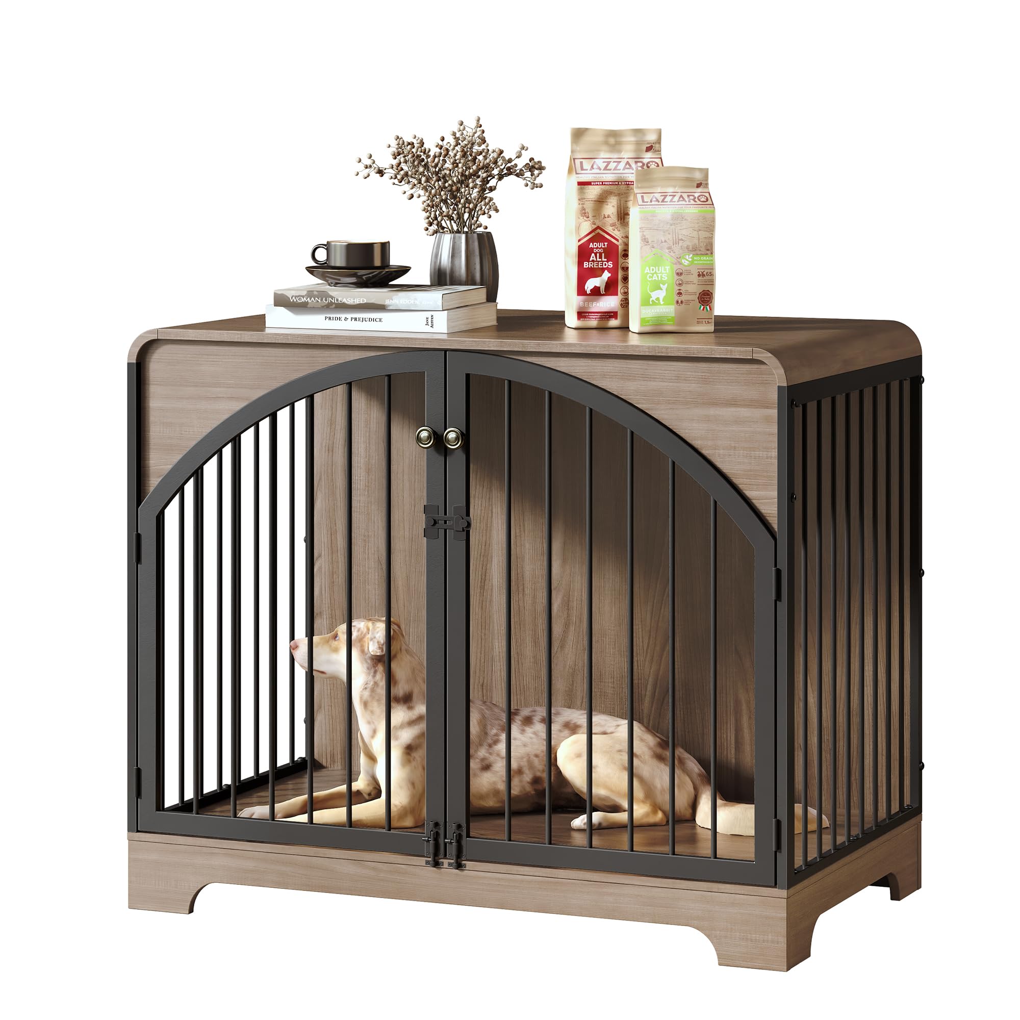 40" Farmhouse Dog Crate Furniture for Small Dogs, Decorative Pet House End Table, Wooden Dog Kennel Furniture Indoor, Light Walnut