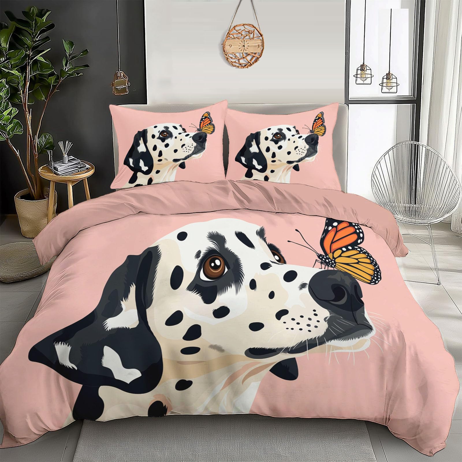 Housse de Couette Papillon Dalmatien 140x200 Parure de Lit 2 Personnes avec Taies