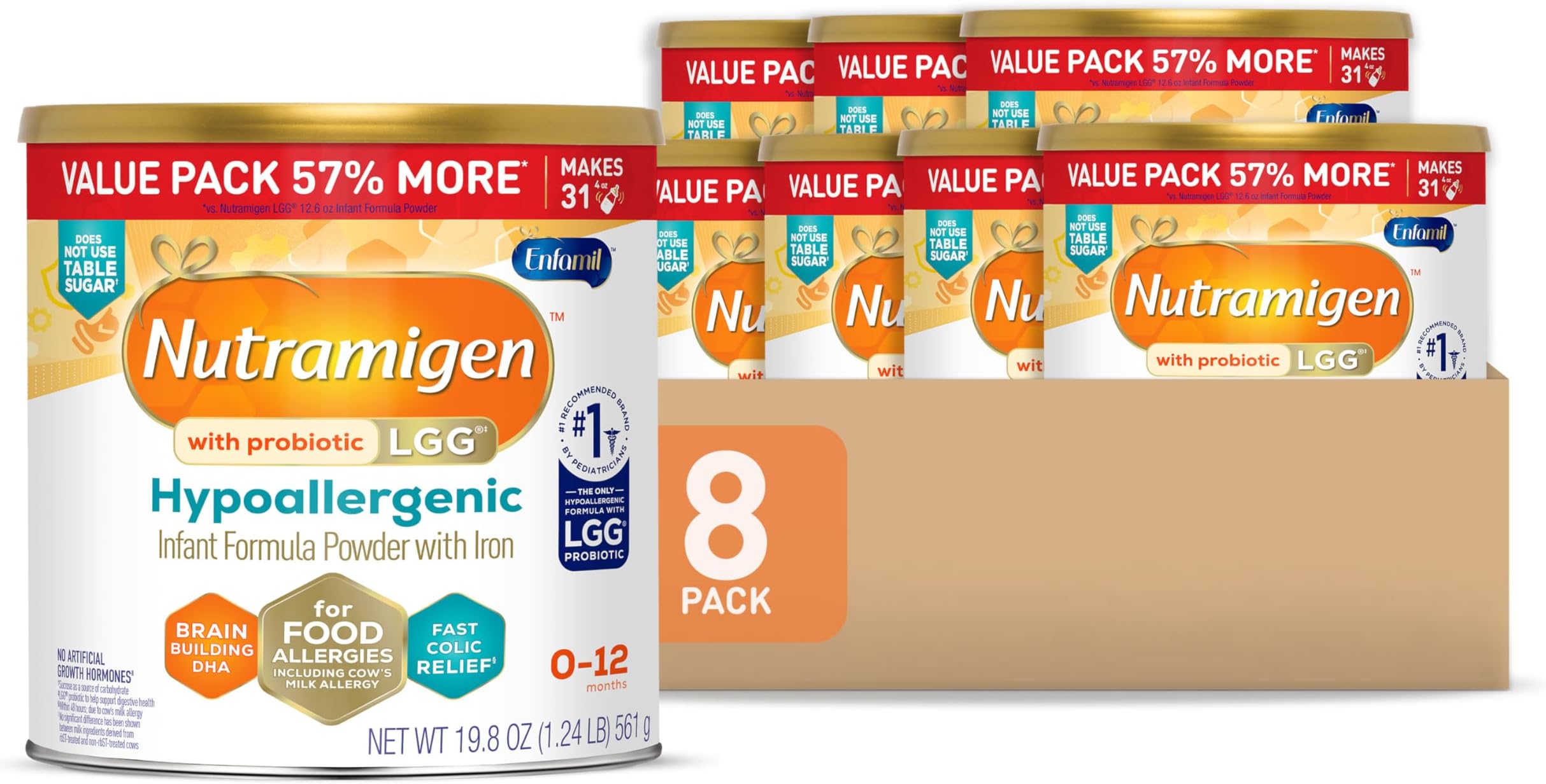 Nutramigen Hypoallergenic Baby Formula, Lactose Free, Colic Relief from Cow's Milk Allergy Stars in 24 Hours, Brain Building Omega-3 DHA, Probiotic LGG for Immune Support, 19.8 Oz, Pack of 8