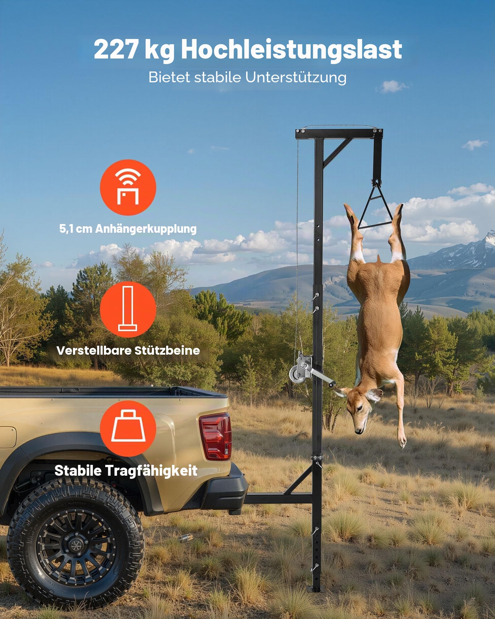 VEVOR Game Hoist mit Seilwinde & Gambrel, 226,8 kg Tragkraft, Lkw-Wildhebezeug mit 5,08 cm Empfänger, 360-Grad-Schwenkschaft & einstellbarer Höhe, zum Häuten & Säubern von Wild im Jagdspiel