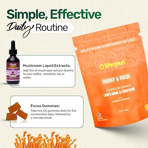 Miniatura 6 de Life Cykel Cordyceps & Reishi - Dúo líquido de extracto de hongo Reishi, potentes tinturas de 1 onza con gomitas de energía y enfoque incluidas