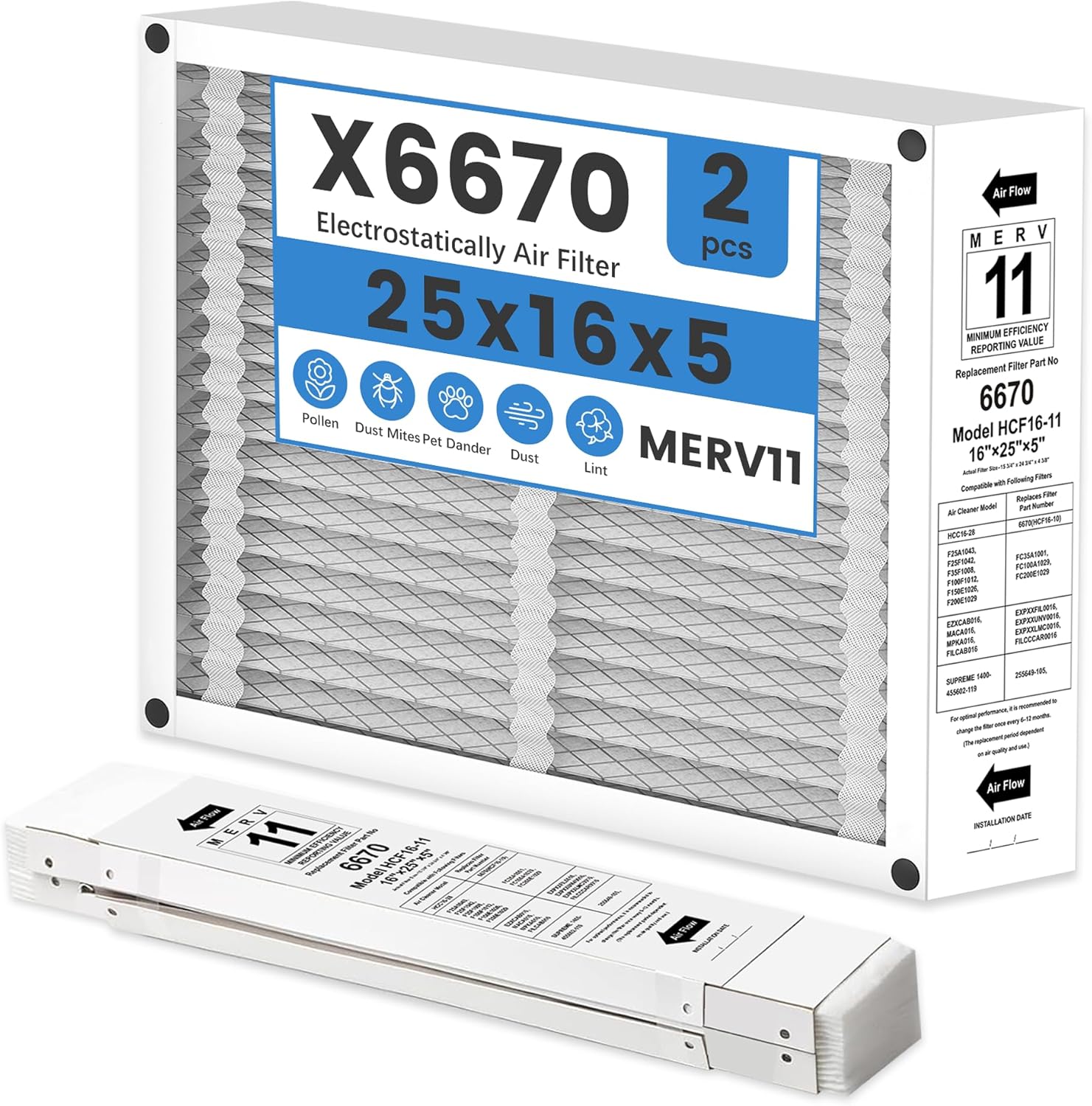 2 Pack X6670 16x25x5 Replacement Air Filter for Lennox X6670, HCF16-11,HCF16-10, Furnace HVAC System, MERV 11, Foldable Design (Actual Size: 15.75 x 24.75 x 4.38 Inches)