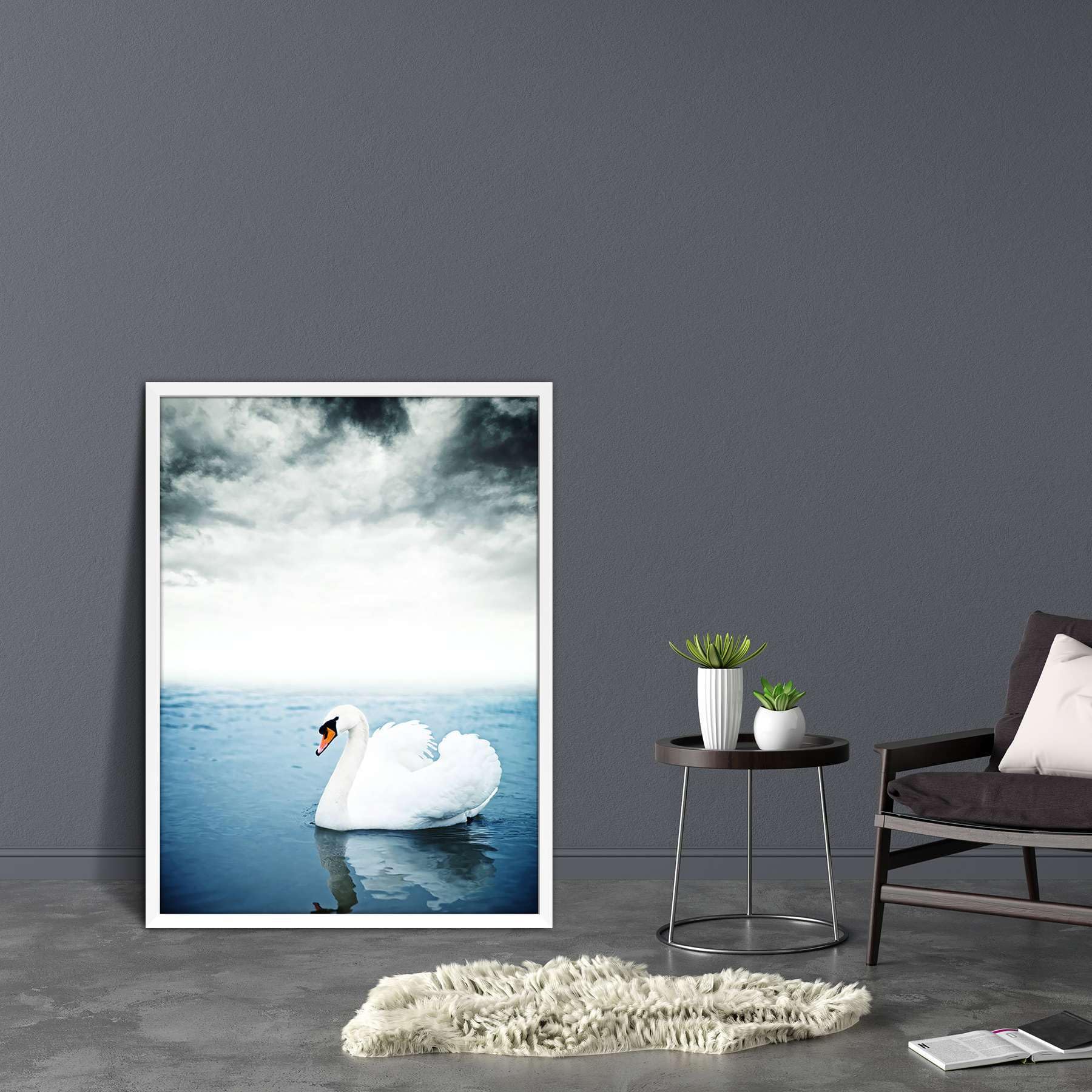 ArtzFolioSwan Floating On The Surface of A Lake Canvas Painting White Synthetic Frame 12inch x 16inch (30.5cms x 40.7cms)