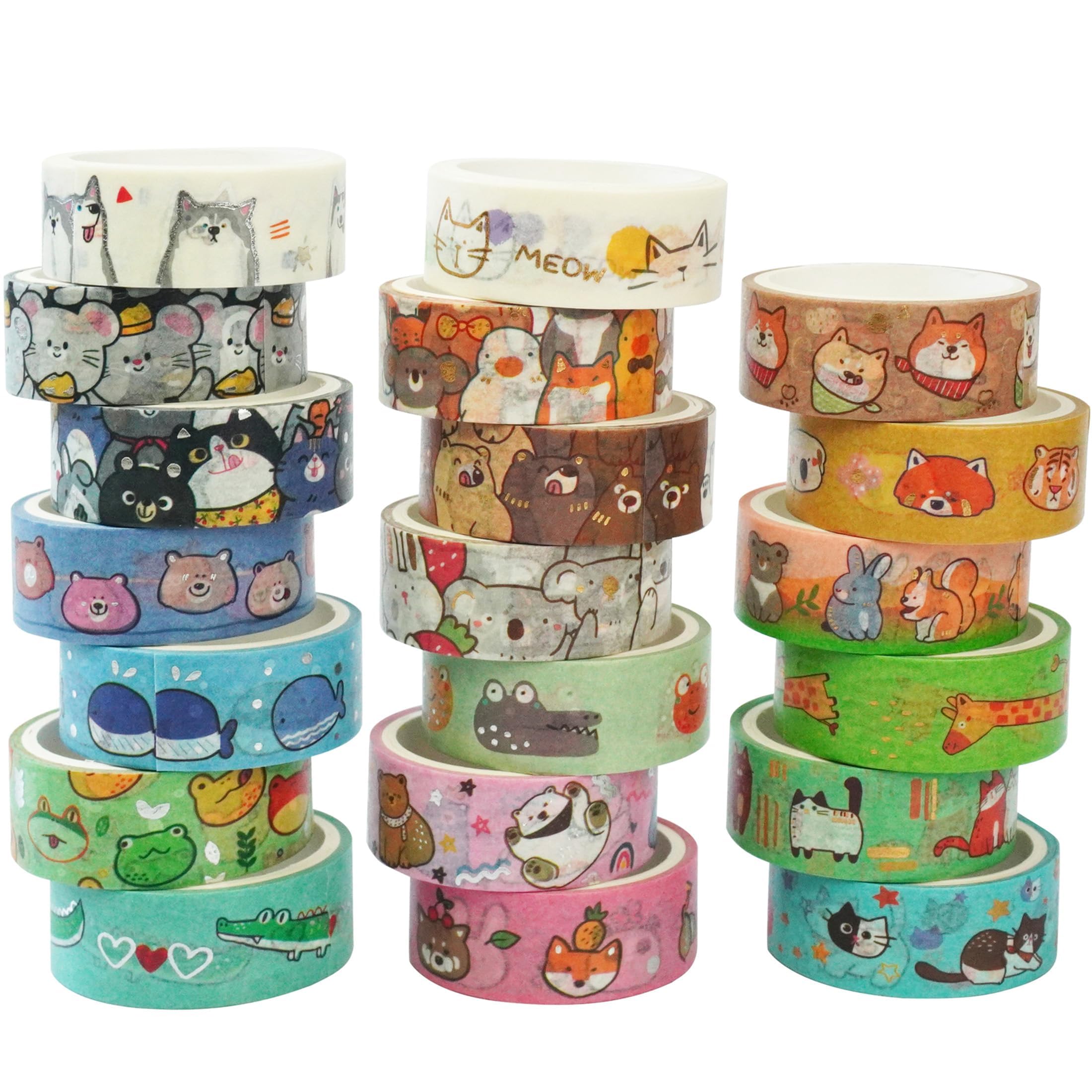 YUBX 20 Rollos Lindo Mascotas Washi Tape Set cinta adhesiva decorativa Washi Glitter Adhesivo de Cinta Decorativa para DIY Crafts Scrapbooking