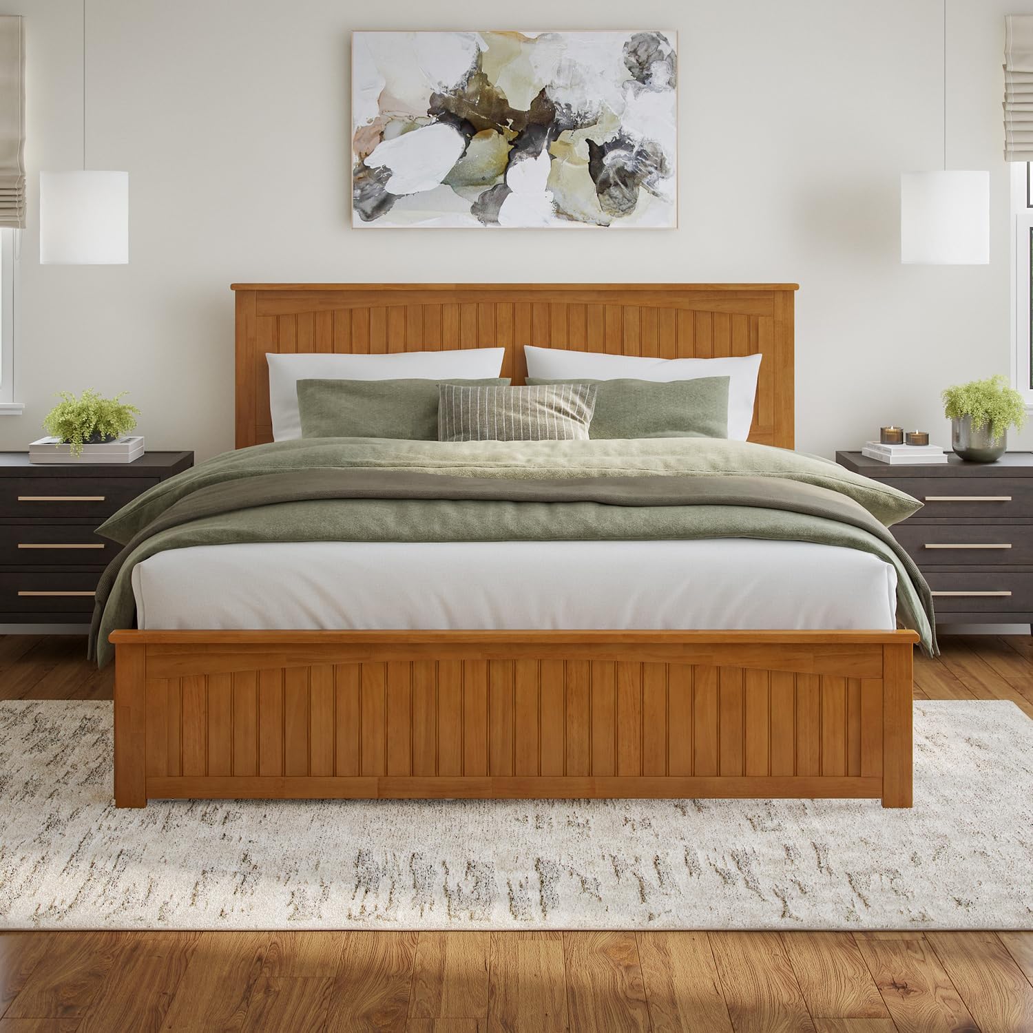 HomeStock King Solid Wood Platform Bed with Matching Footboard & 2 Storage Drawers in Light Toffee