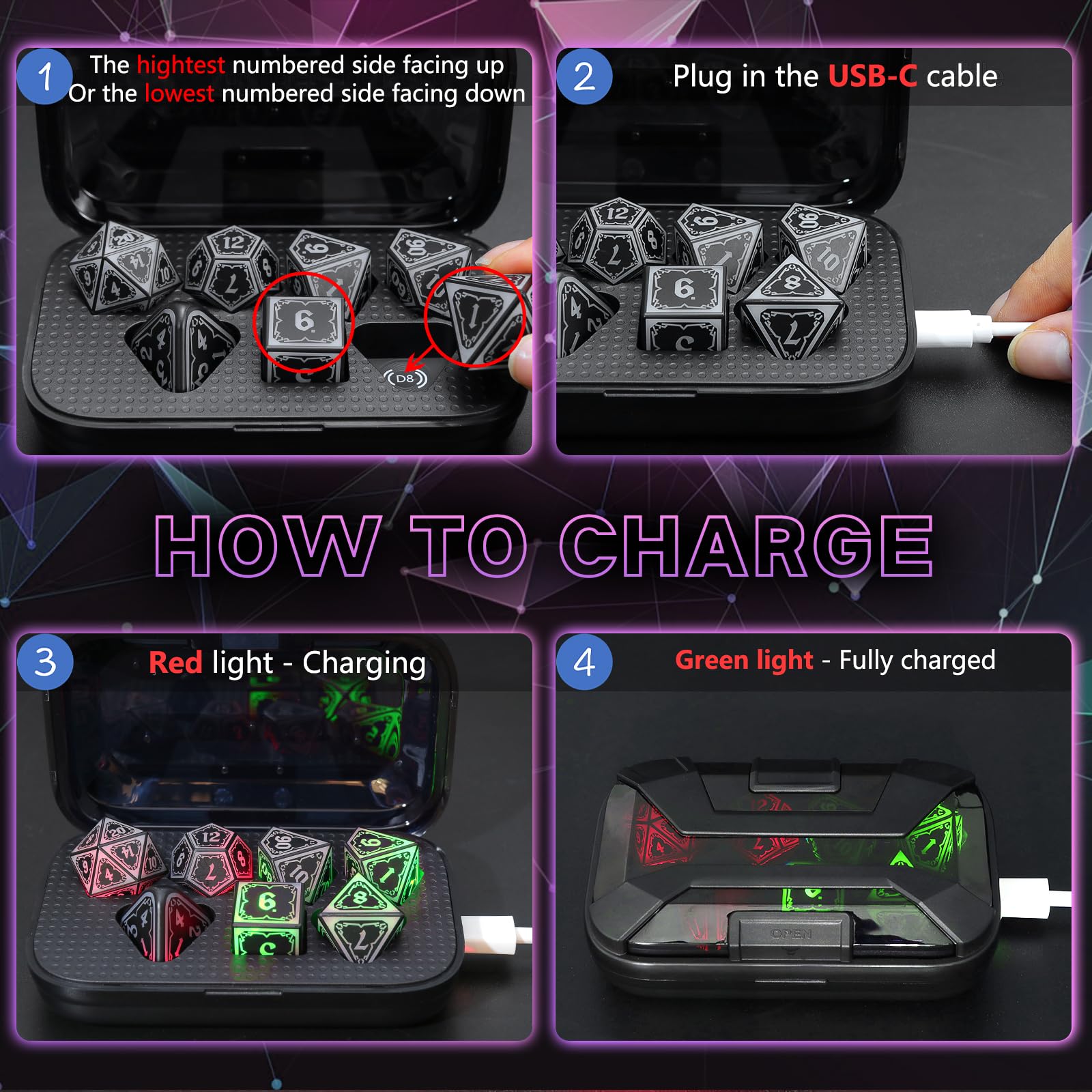Light up DND Dice Set Rechargeable,Cool LED D and D Dice 7pcs with Charging Box Polyhedral Dungeons and Dragons RPG Dice Set for Role Playing Table Game(Astral Shard Purple) - Image 3