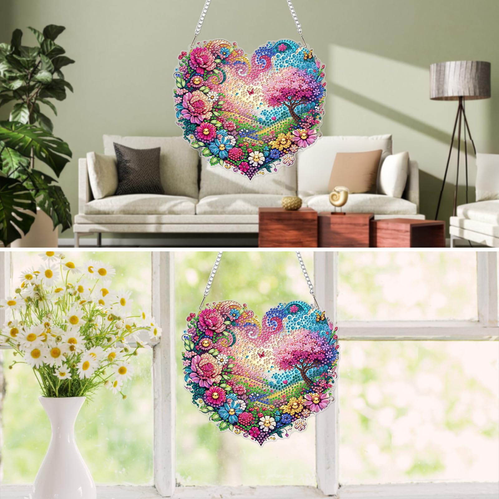 MXJSUA Flowers Landscape Window Diamond Art Hanging Kits for Adults Beginners, DIY Acrylic Special Shaped Crystal Diamond Gem Drill Pendant Art Painting Ornament for Home Wall Decor Gift 20x20cm - 5