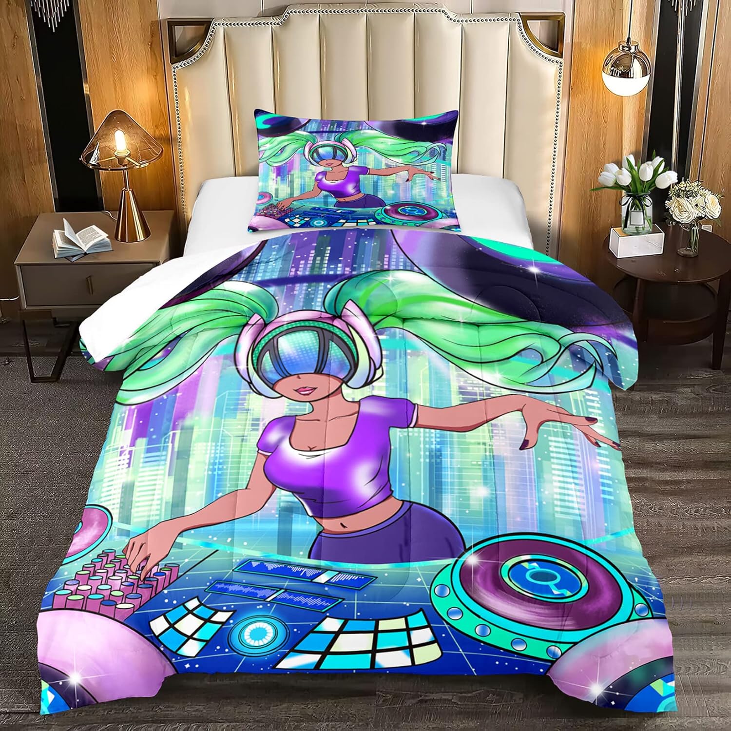 Black Girl Twin Comforter Set for Teens and Adults - Pretty African DJ Pattern Bedding with 1 Pillowcase