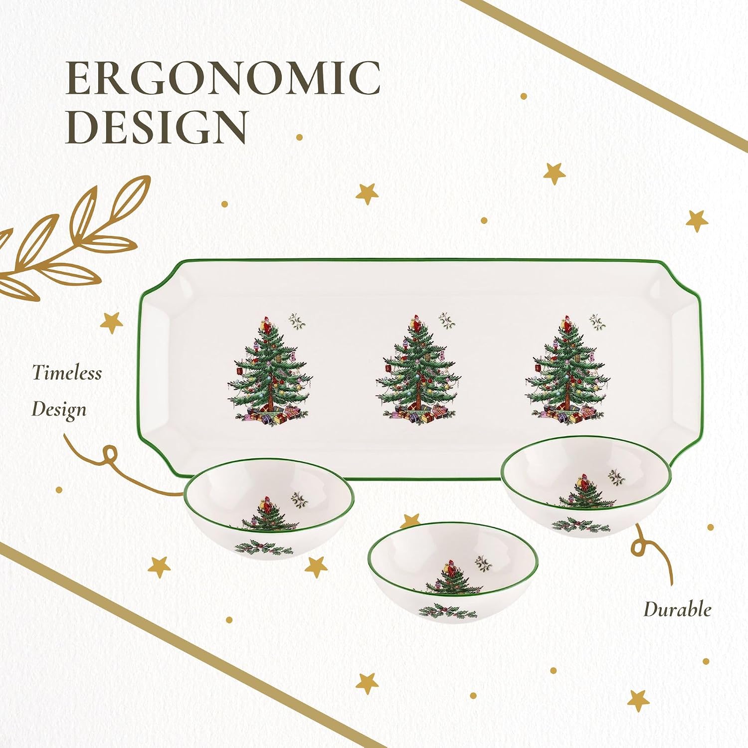 Spode Christmas Tree Rectangular Tray with 3 Dippin Bowls - Set of 4