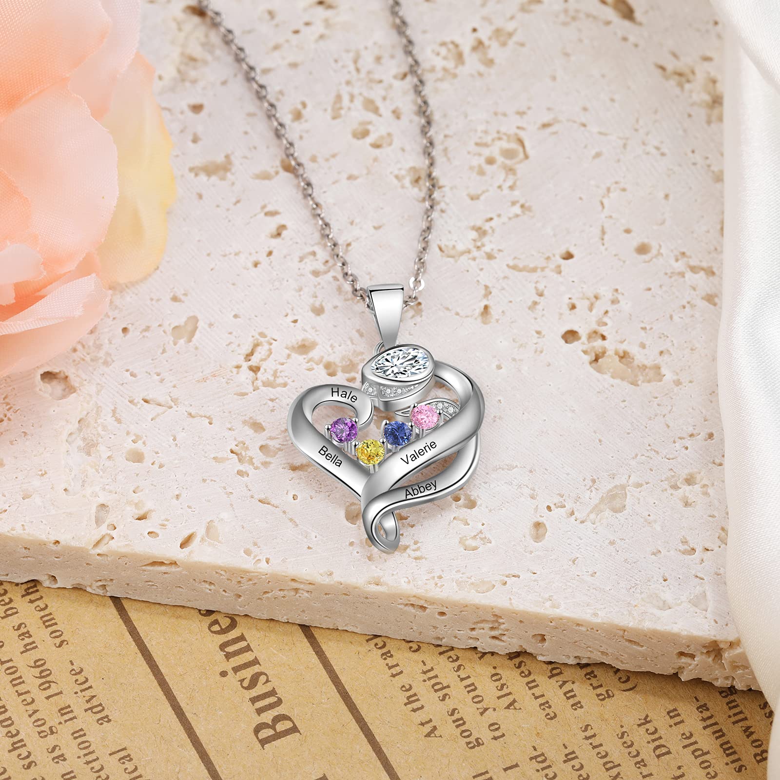 Collana Rosa Personalizzata Cuore 925 Argento Rosa Fiore Ciondolo con Incisione 2-4 Nome Birthstone BFF Collana Figlia Signore Regalo per la Festa della Mamma San Valentino