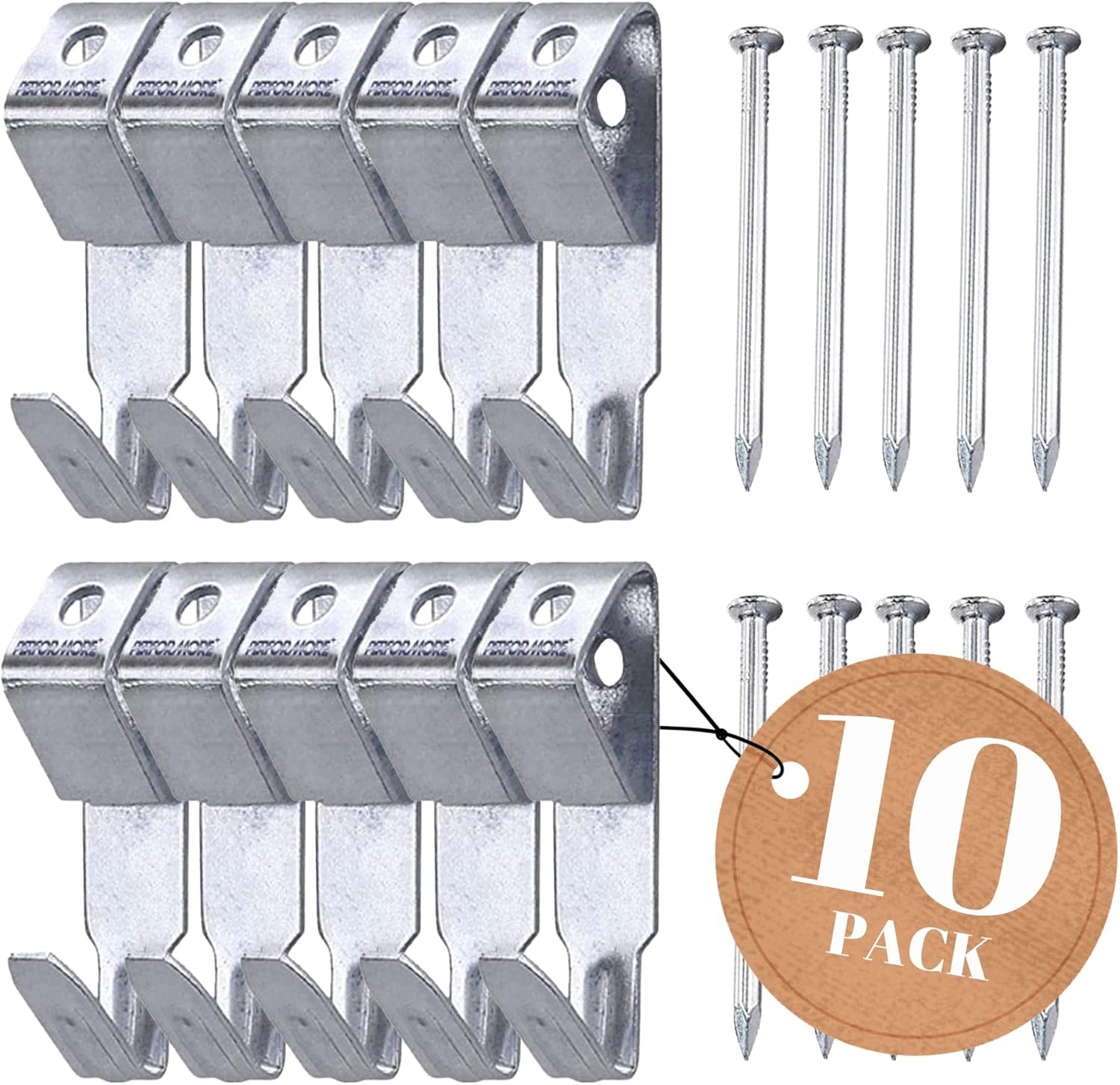 100 lb Heavy Duty Picture Hanging Kit | Wall Mount Frame Hooks for Home Decor | 10 Pack Steel Photo Hangers with Nails | Mirror Clock Canvas Holder | No Damage Reusable Wall Hook Set