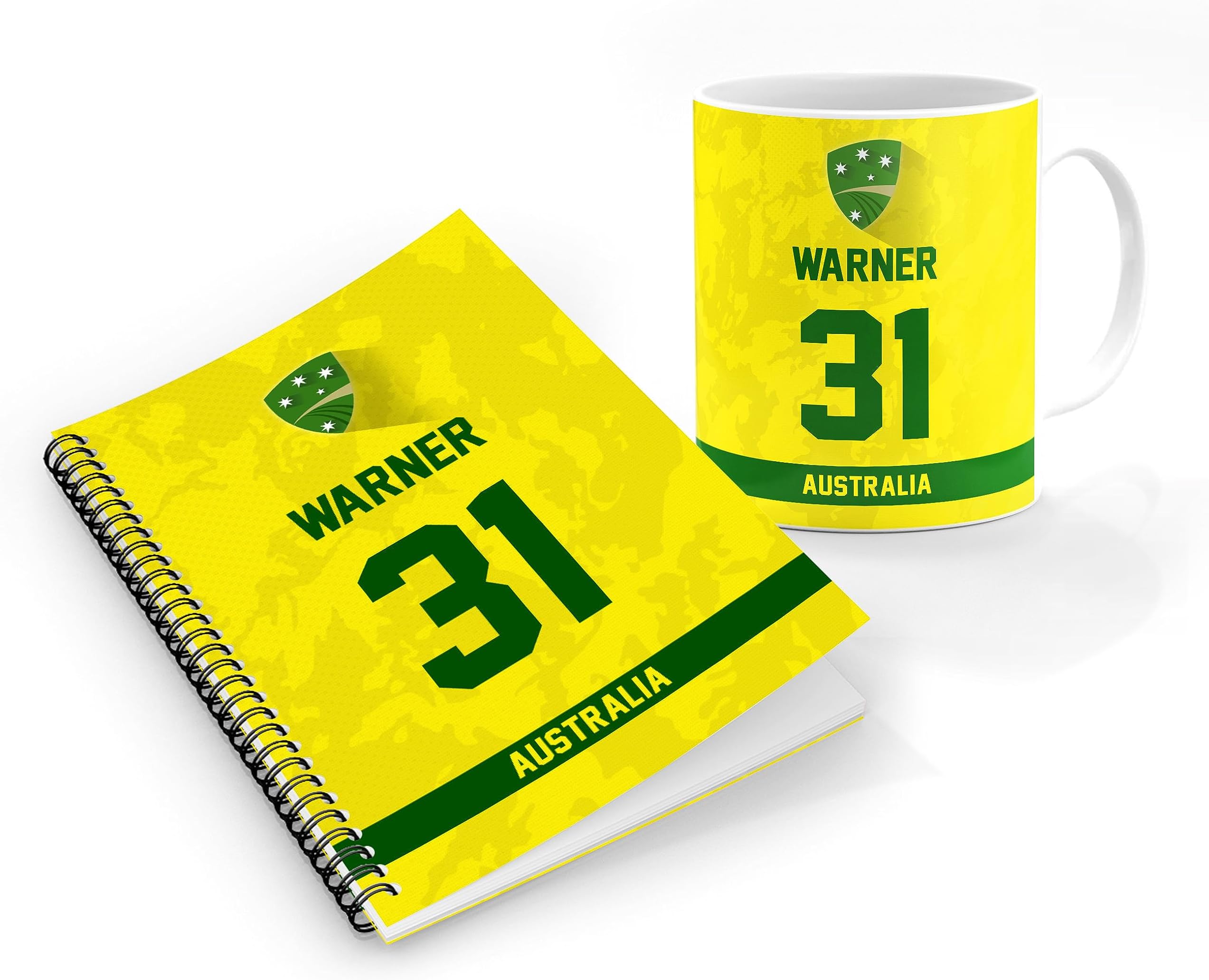 Stylizedd Designer Printed Coffee Mug + A5 Spiral Notebook Memo Notepad Journal Personalised Combo Gift Set -Player - David Warner, Jersey Number-31