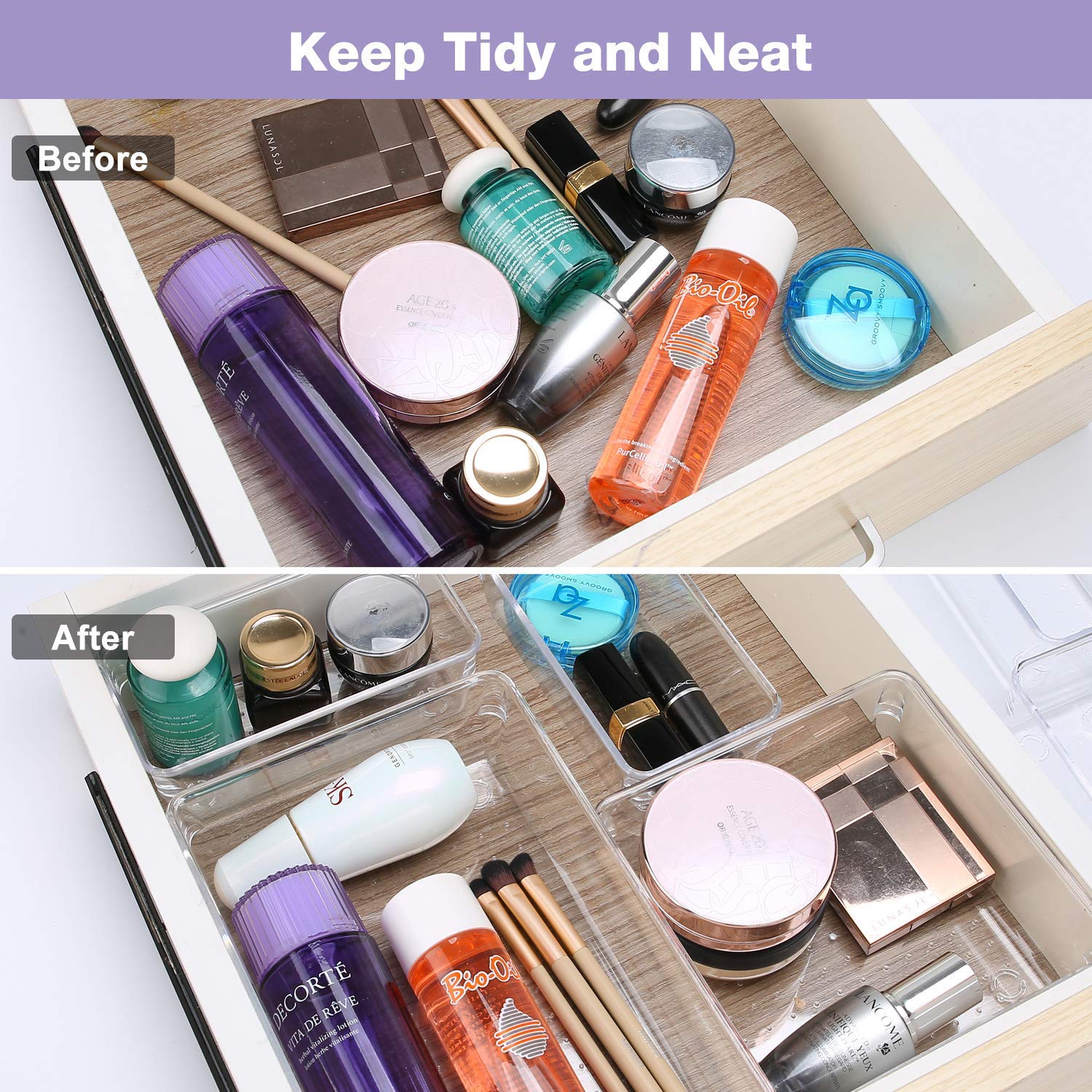 Puricon 7 Set Drawer Organiser Trays, Clear Plastic Trays Containers Drawer Organisation Storage
