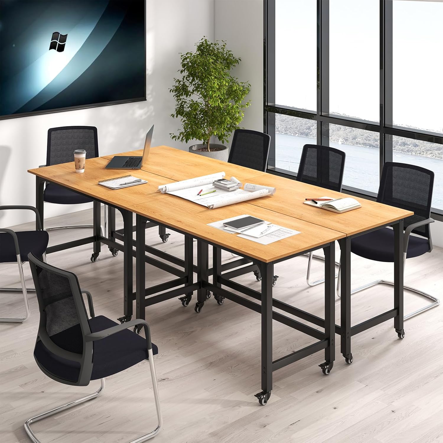 GOFLAME 4ft Conference Table Set of 4, Mobile Home Office Computer Desk, Meeting Room Table w/Detachable Storage Bag & 2 Headphone Hooks, Rolling Seminar Boardroom Table on Wheels, Black + Natural