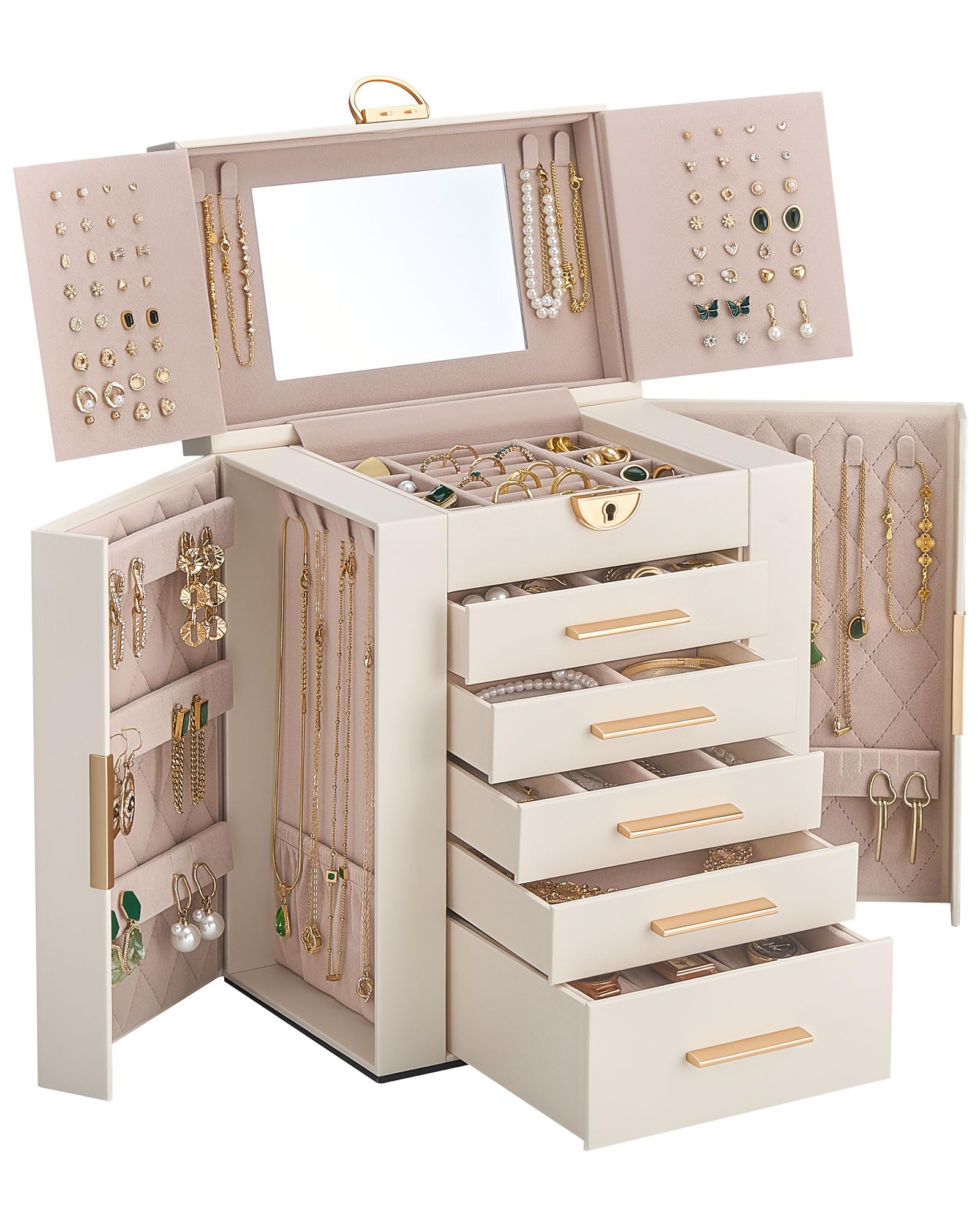 Lolalet Caja Organizadora de Joyas Grande 6 niveles con Espejo Beige | con Cerradura, para Anillos, Pendientes, Pulseras, Collares y Relojes. Ideal para Hogar y Regalos para Mujeres