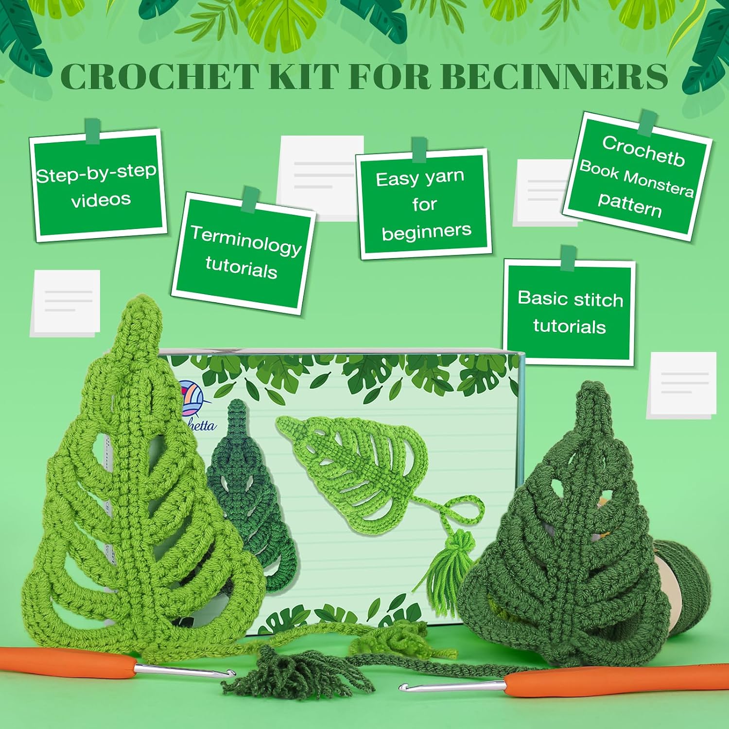 Crochetta Crochet Kit for Beginners, Amigurumi Crocheting Animals Kits w Step-by-Step Video Tutorials, Knitting Starter Pack for Adults, 2 Book Monstera Familly (40%+ Yarn Content)