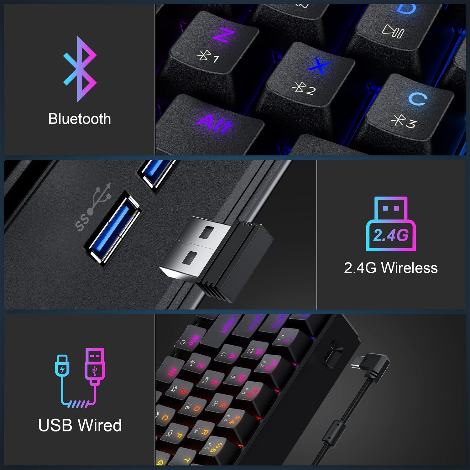 Tezarre TK61Pro Bluetooth/2.4G/USB 60% Mechanical Gaming Keyboard RGB Hotswappable PBT Keycaps Wireless/Wired Keyboard for Windows PC Gamer (Gateron Optical Black)