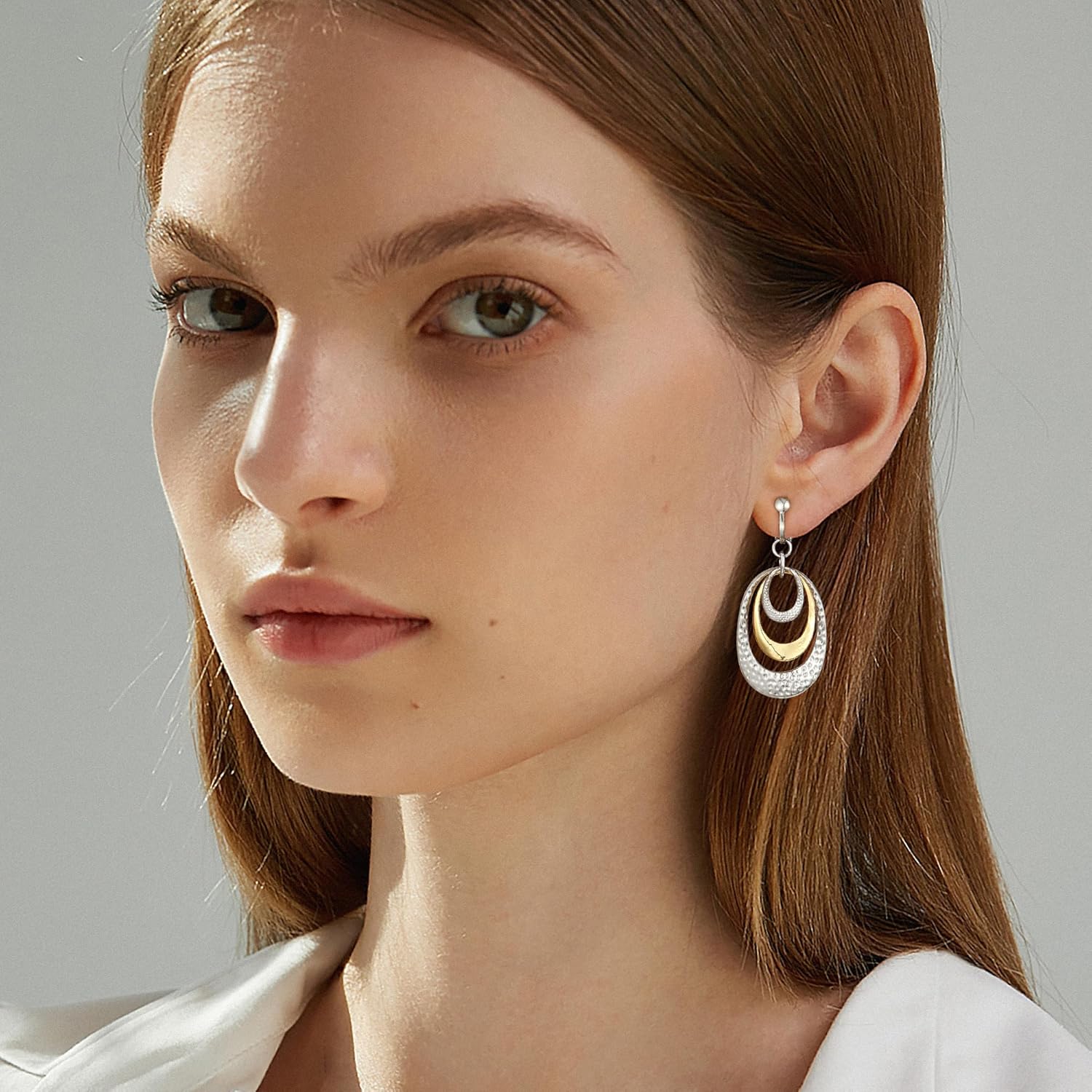 Clip on Earrings for Women Two Tone Disc Earrings for Women Mix Color Statement Drop Dangle Earrings Jewelry Hypoallergenic Hammered 14K Gold Plated Earring Non Pierced Earring Jewelry Gifts Wedding Party - Image 2