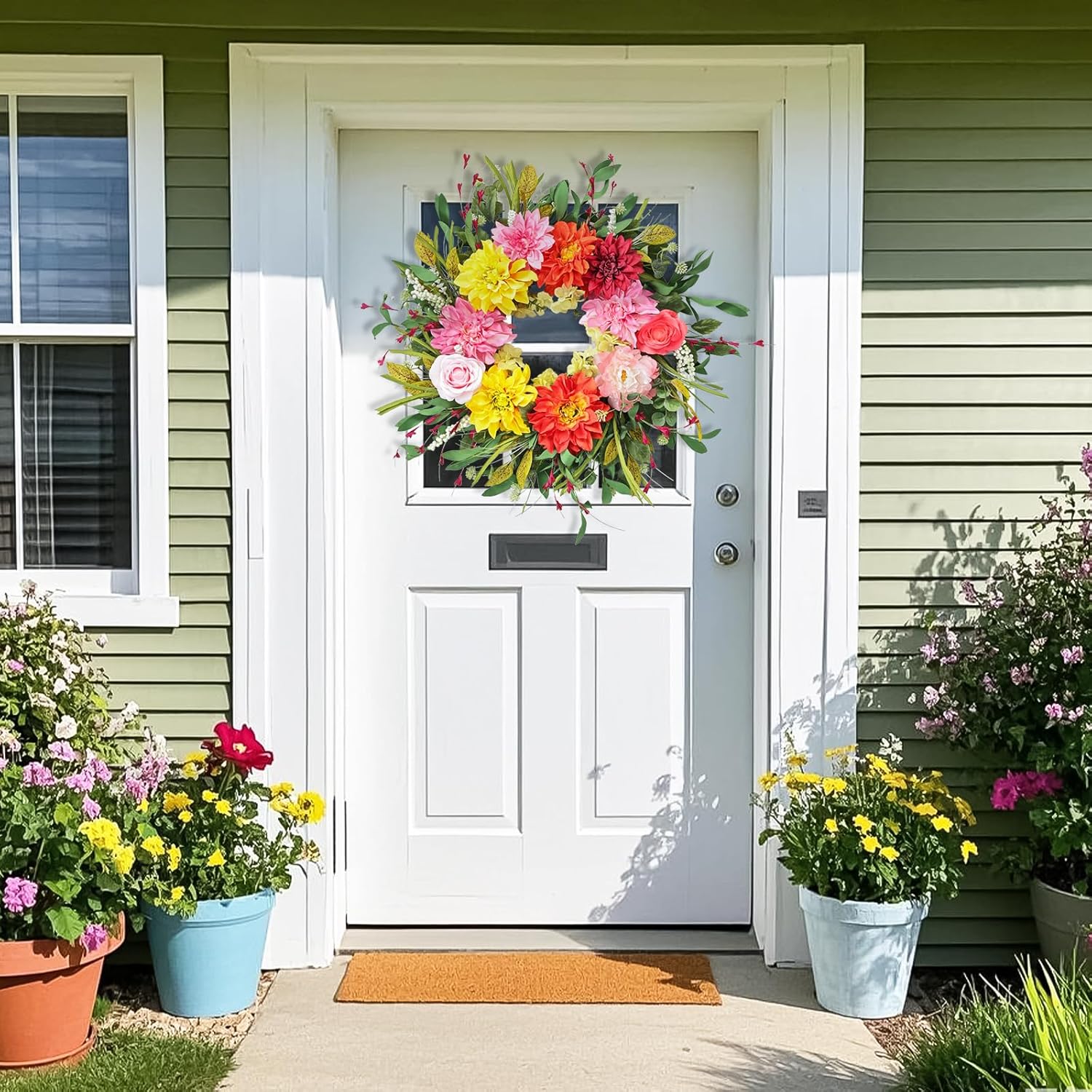 24" Dahlia Spring Summer Wreath for Front Door Outside, Peony and Rose Artificial Flower Wreath with Green Leaves, Bright Colorful Farmhouse Floral Decor for Porch Wedding Indoor Outdoor