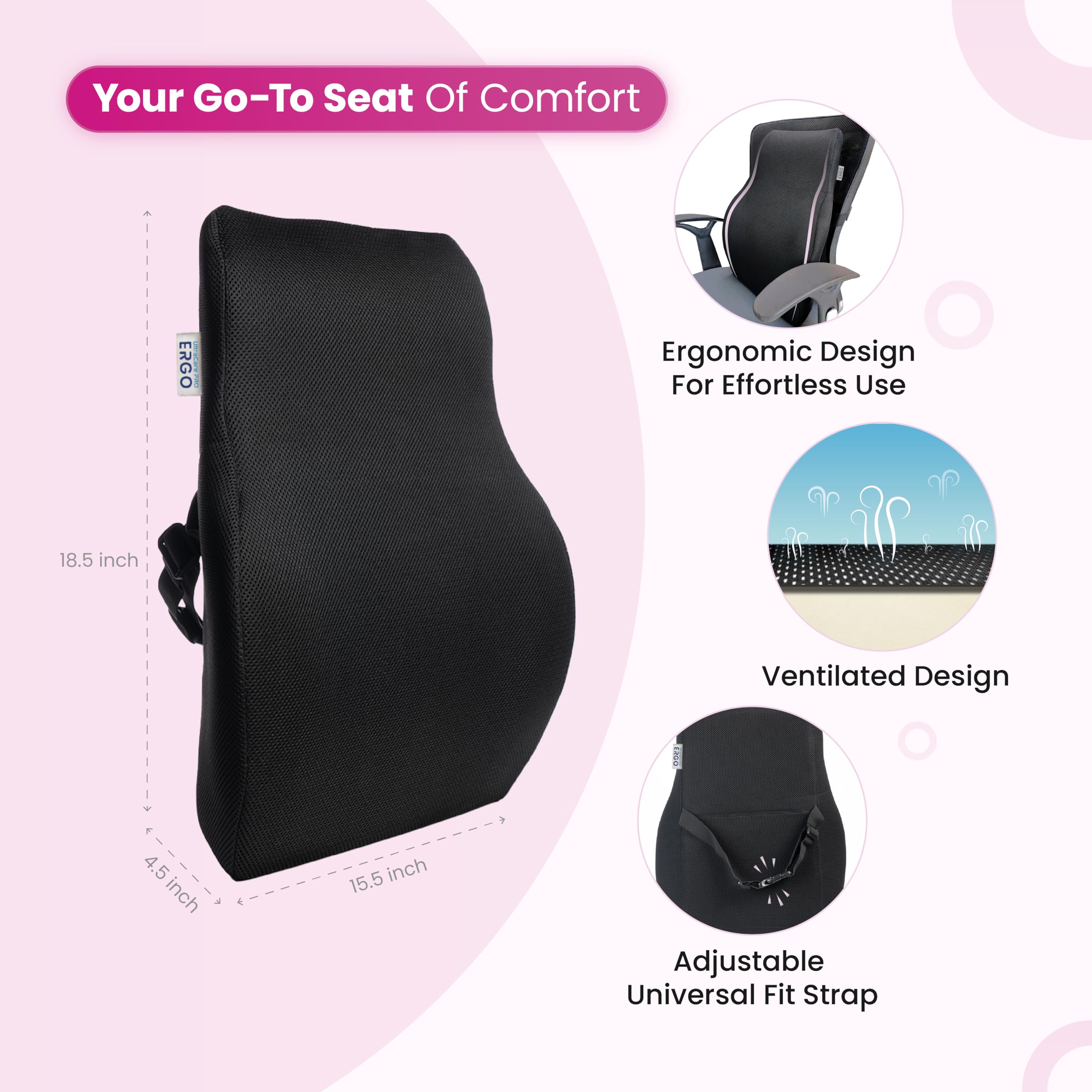 UltraCare PRO Ergo Backrest Support for Chair & Car Seat - Full Back Support Cushion - Lumbar & Upper Back Pain Relief - High Density Memory Foam - Adapts to Body Curves - Breathable Air Mesh Design 4