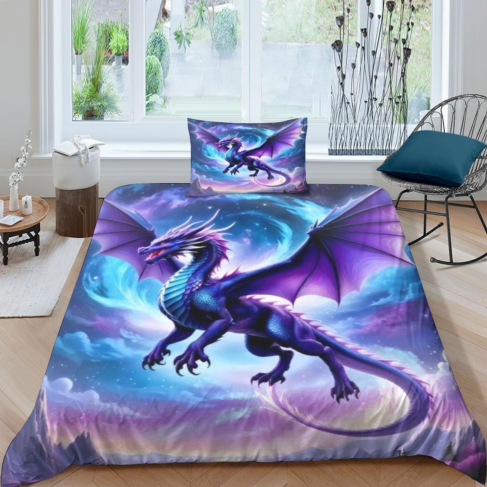 TNFHSOFT Flying Dragon 3D Bedding Set Duvet Coverwith Pillowcases Soft Microfiber Duvet Cover Set with Zipper Closurefor Teen Adult Kids 3 Piece Single（135x200cm）