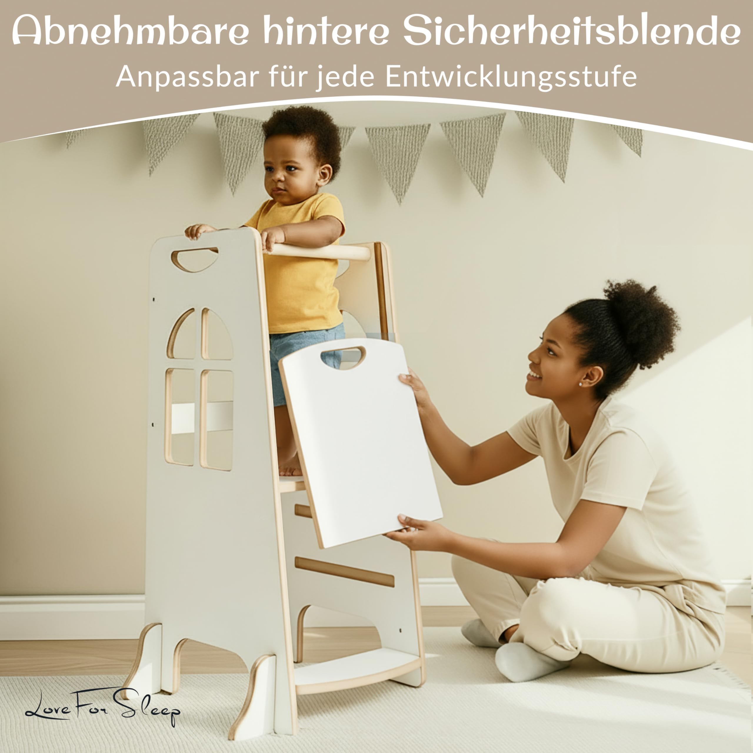 Montessori Lernturm aus Holz – Verstellbarer Küchenhelfer für Kinder 2–6 Jahre, Sicherer Tritthocker mit 3 Höhen,Mit seitlichen Kippschutz-Stützen und hinterer Sicherheitsplatte