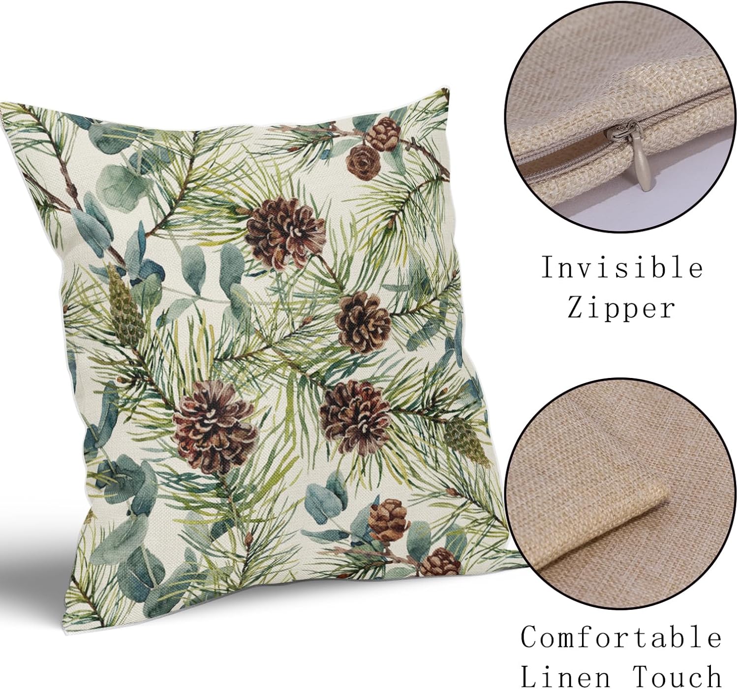 Winter Floral Pillow Covers 24x24 Inch Set of 2 , Green Watercolor Flower Leaf Print Rustic Themed Christmas Decorative Throw Pillow Cases Outdoor Cushion Cover Holiday Farmhouse Sofa Couch Bed Decor