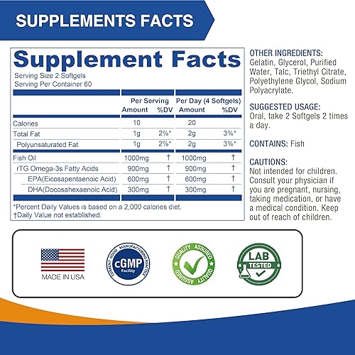 Miniatura 4 de Mini aceite de pescado de 1000 mg por porción, 90% aceite de pescado Omega 3 súper altamente concentrado, sin erupciones para un corazón, cerebro y