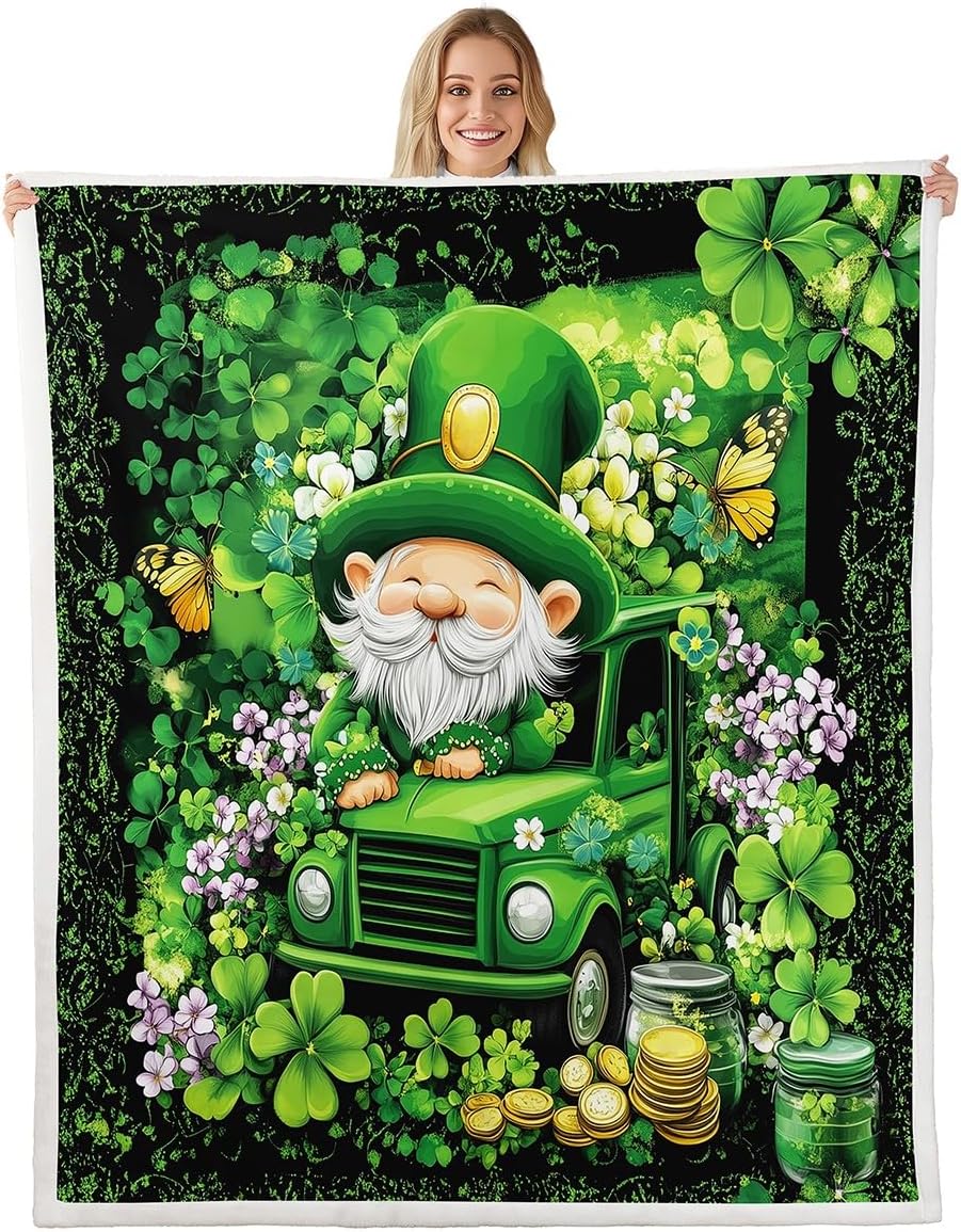 Cartoon Gnome Blanket Twin 60x80 Green Clover Leaves Blanket for Kids Teens Boys Girls Farmhouse Rustic Truck Car Sherpa Blanket Lightweight St. Patrick's Day Blanket Living Room Decor