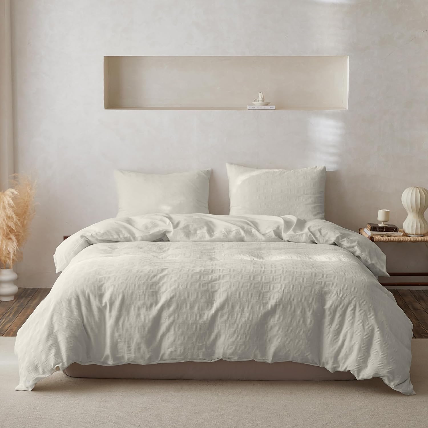 BISELINA 100% Cotton Duvet Cover Set Waffle Weave 3PCS (1 Comforter Cover, 2 Pillow Shams) Reversible Soft Skin-Friendly Breathable Shabby Chic Bedding for All Season - Cream Grey, California King