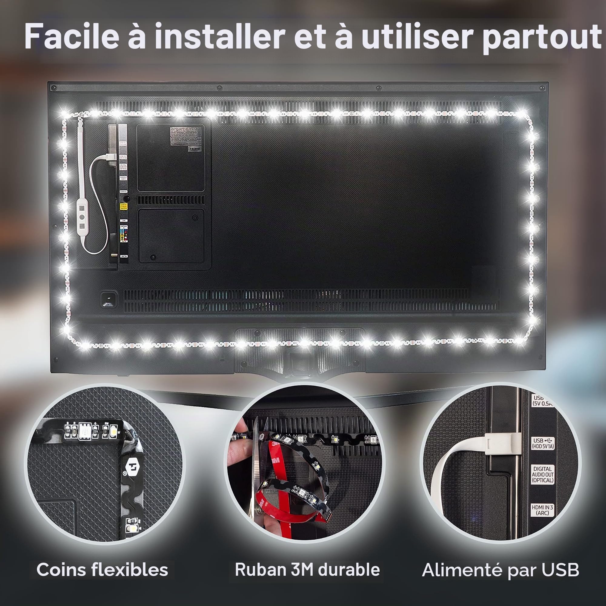 Luminoodle Bias éclairage for HDTV - Moyen - Eclairage Blanc élevée Home Cinéma LED pour téléviseurs, moniteurs - USB TV Rétro-éclairage LED